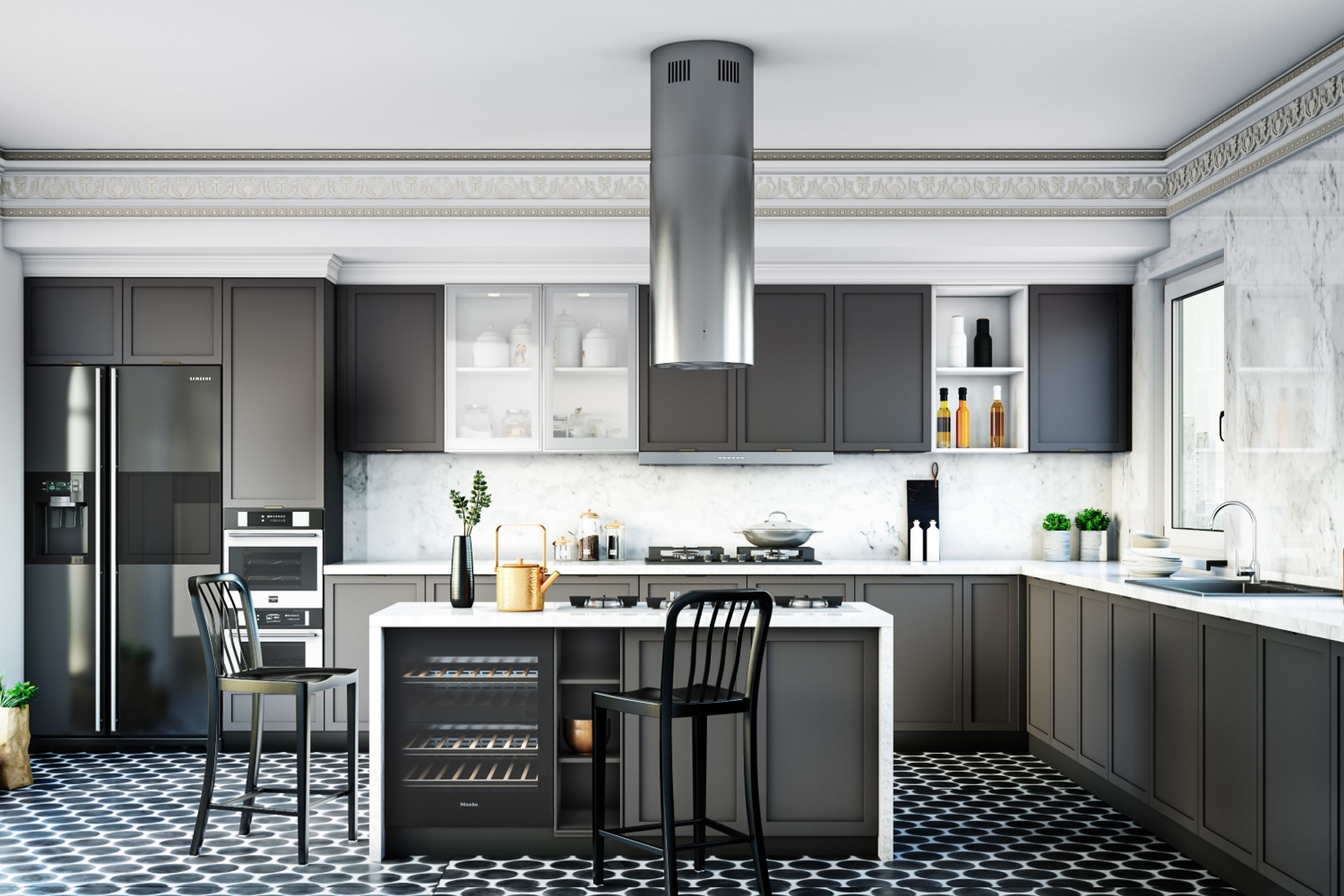 Contemporary Modular Island Kitchen Design With Grey Cabinets