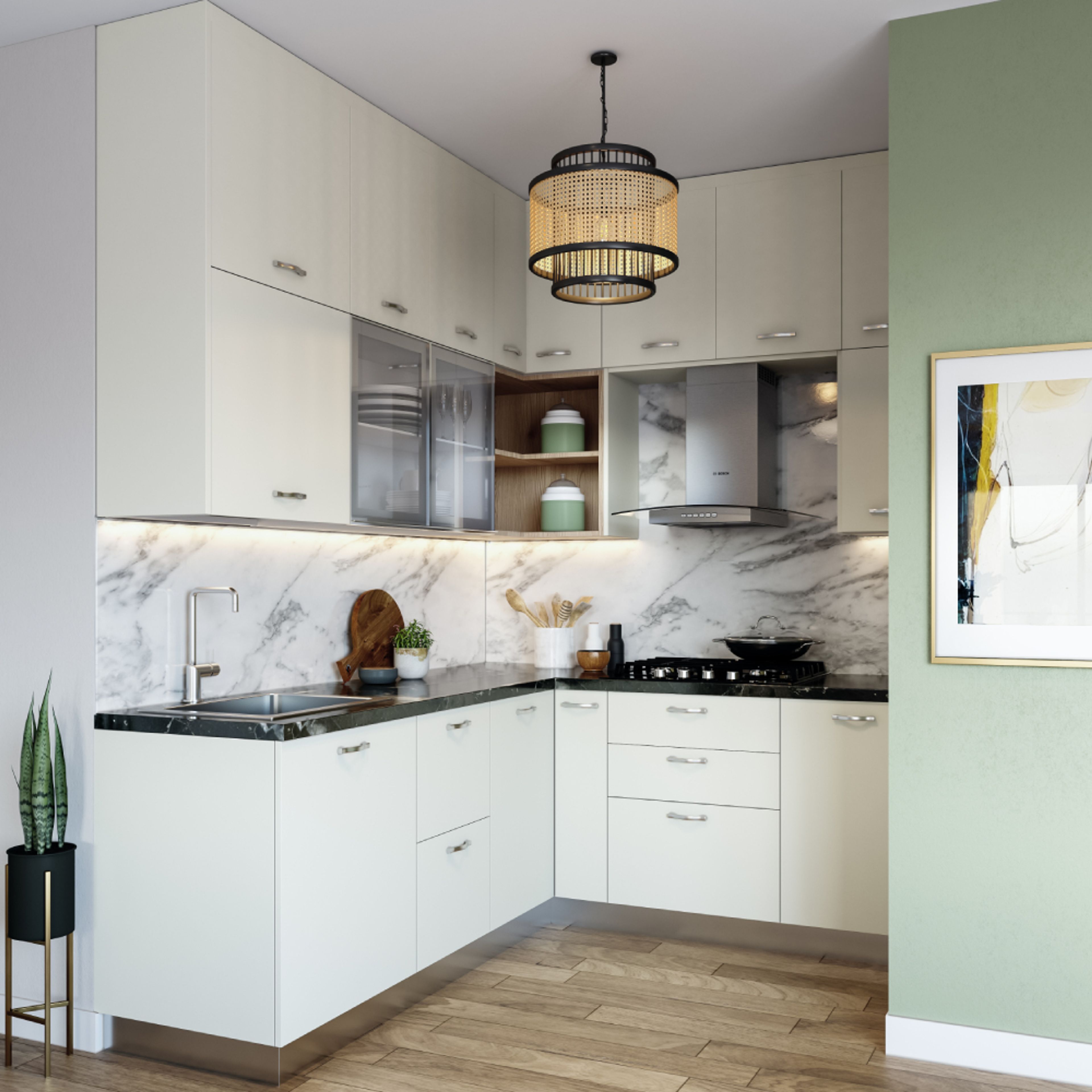 L Shape Modular Frosty White Kitchen Design - Livspace