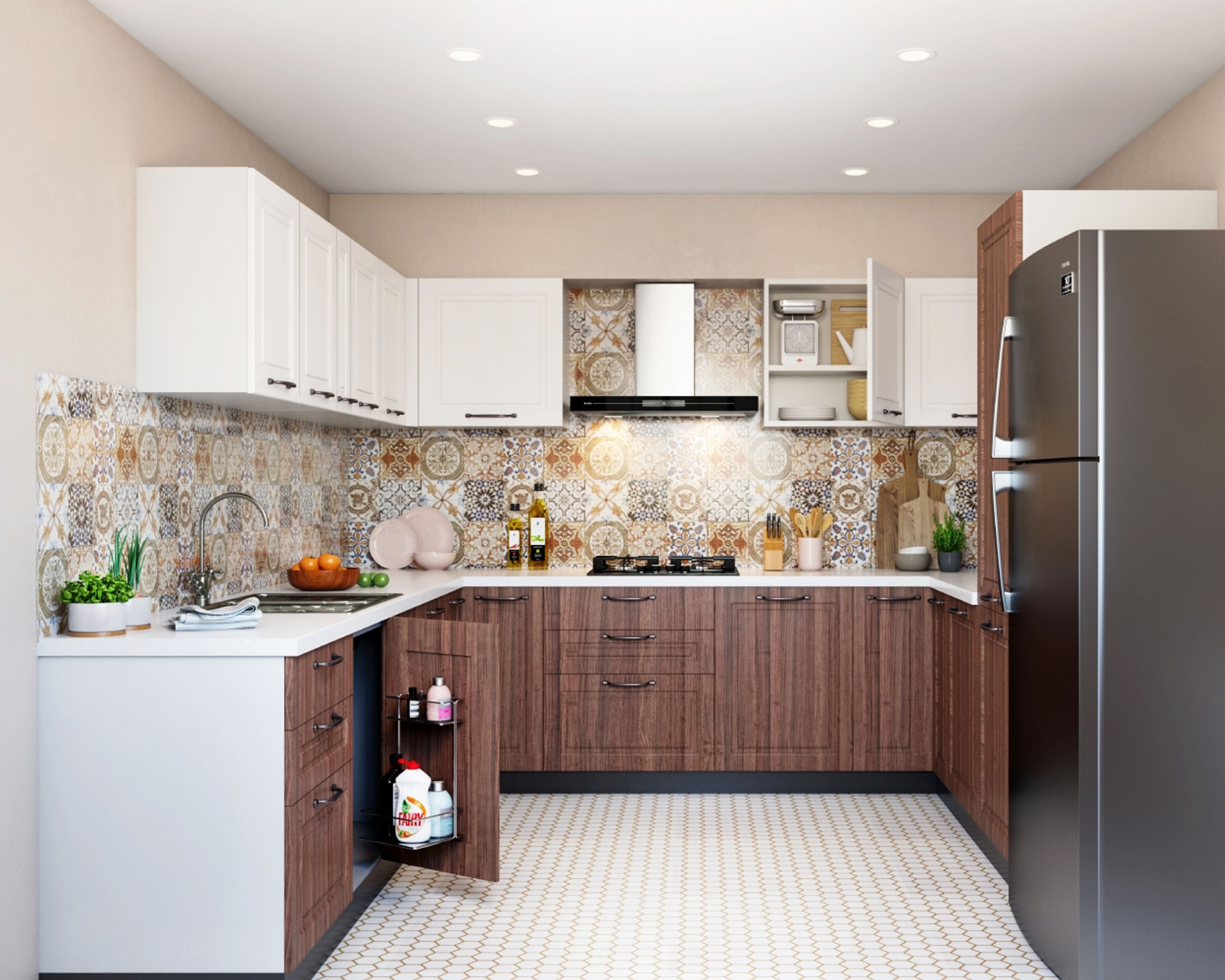 Modern U Shape Kitchen Design With Colourful Patterned Dado Tiles
