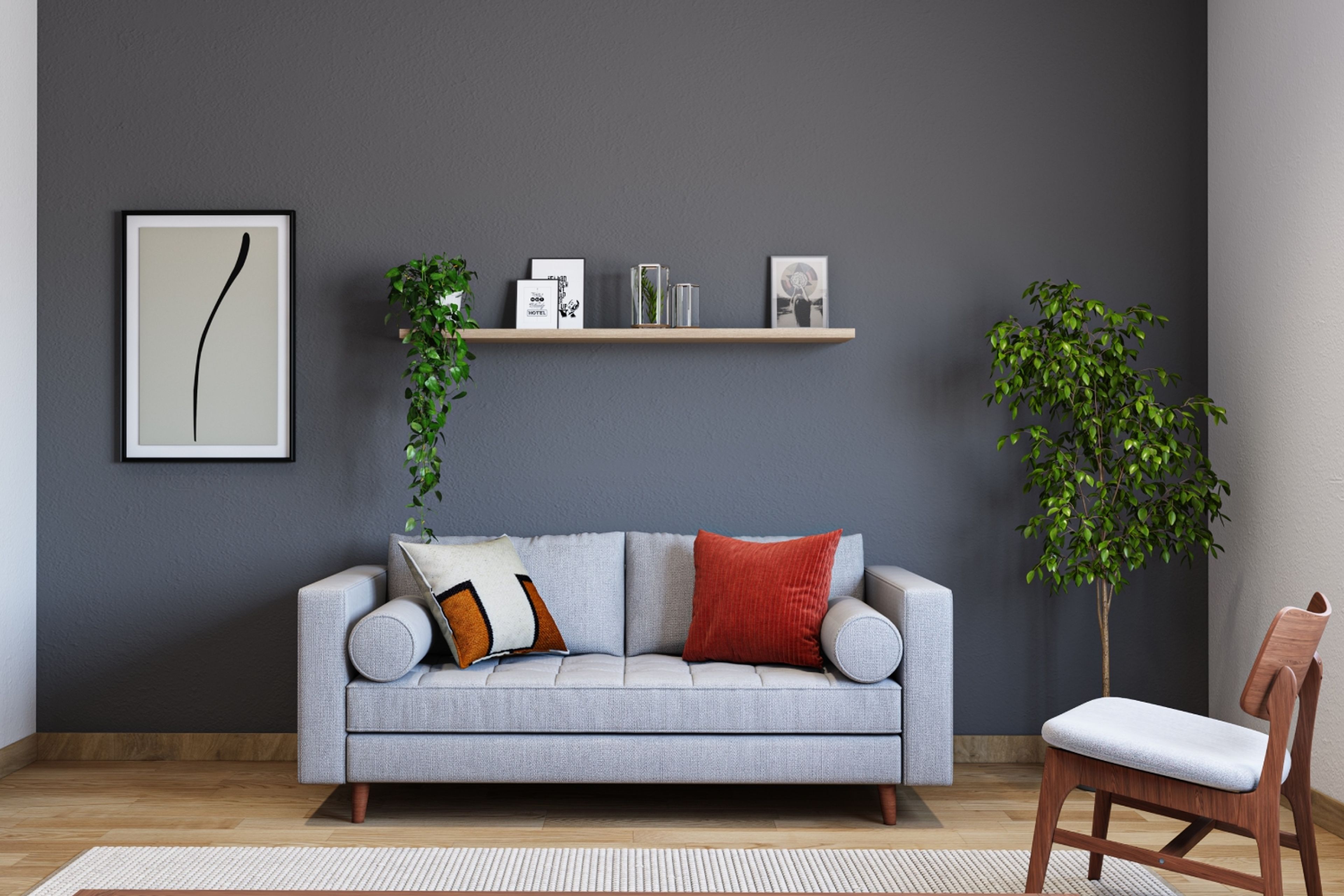 12x11 Ft Living Room Design With Grey Sofa And Dark Grey Accent Wall - Livspace