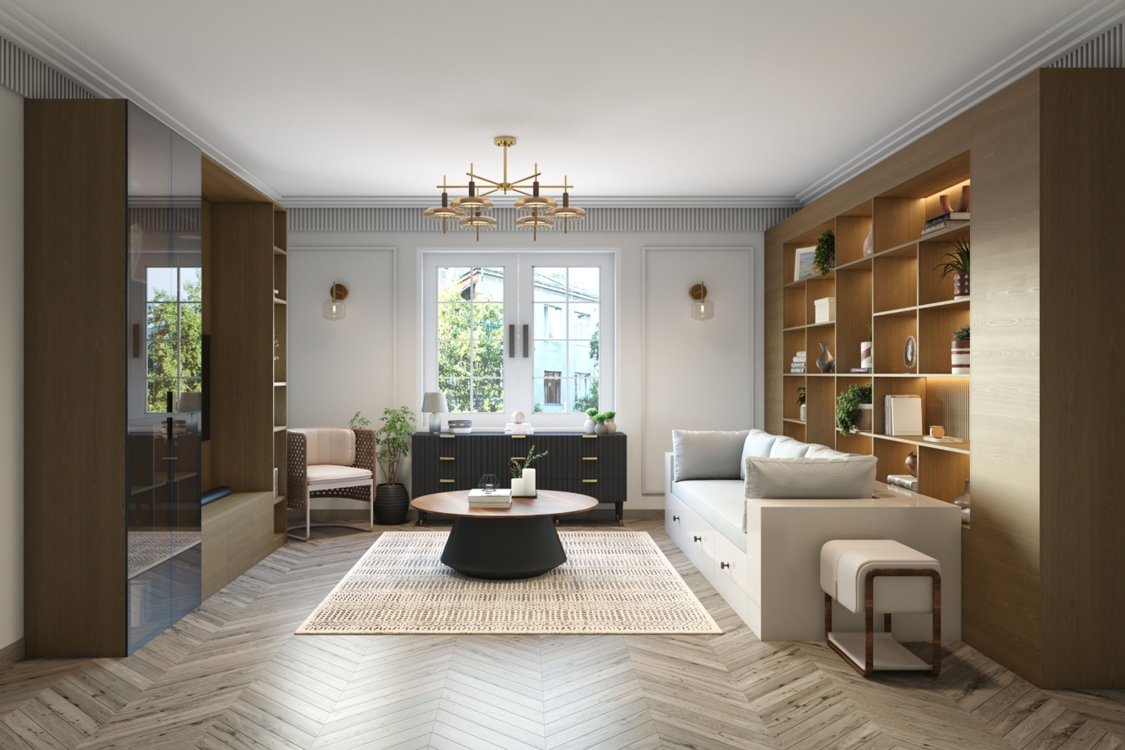 20x18 Ft Spacious Living Room Design With Wooden Storage Unit - Livspace