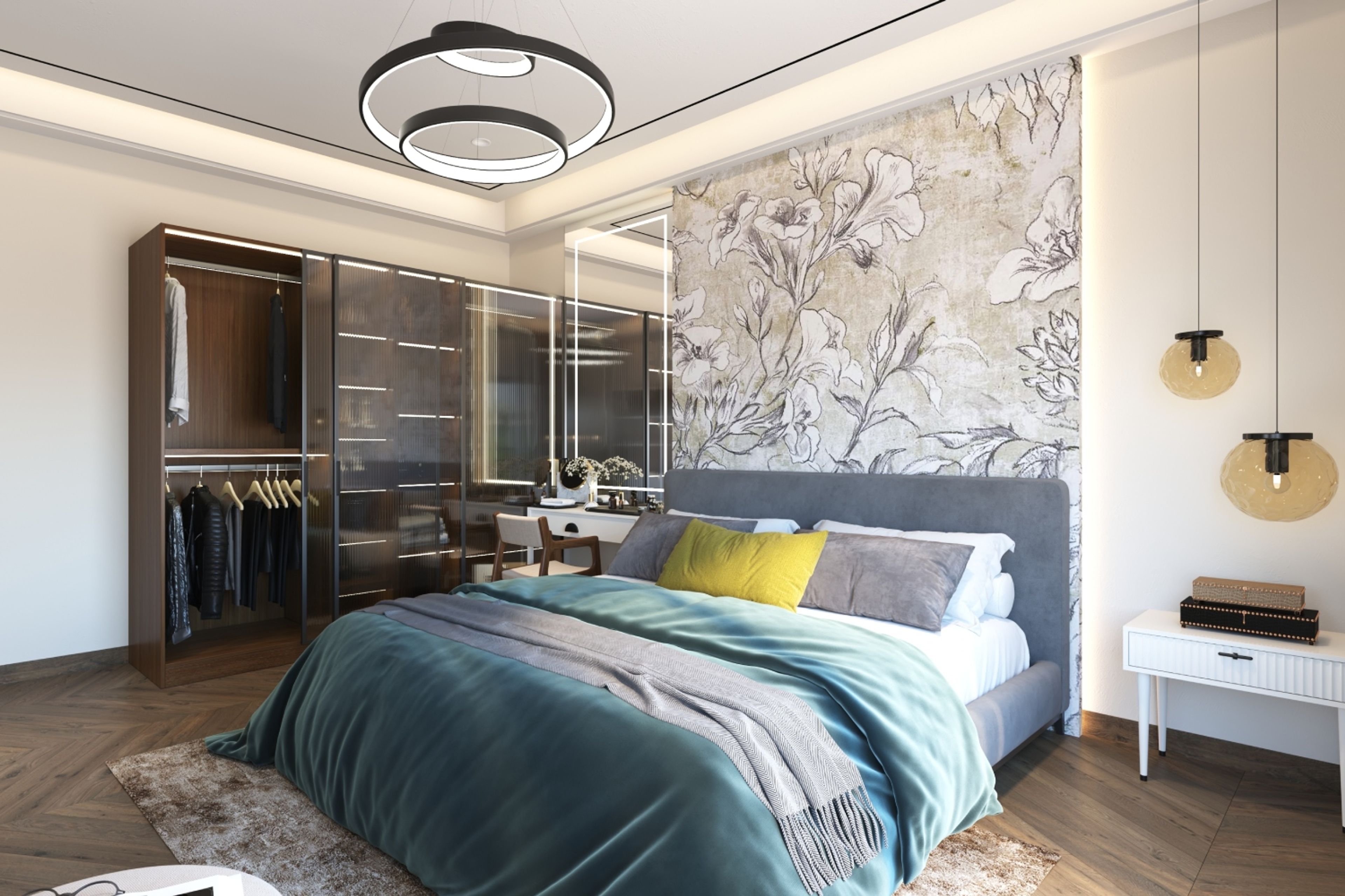 Contemporary Master Bedroom Design With Floral Wallpaper