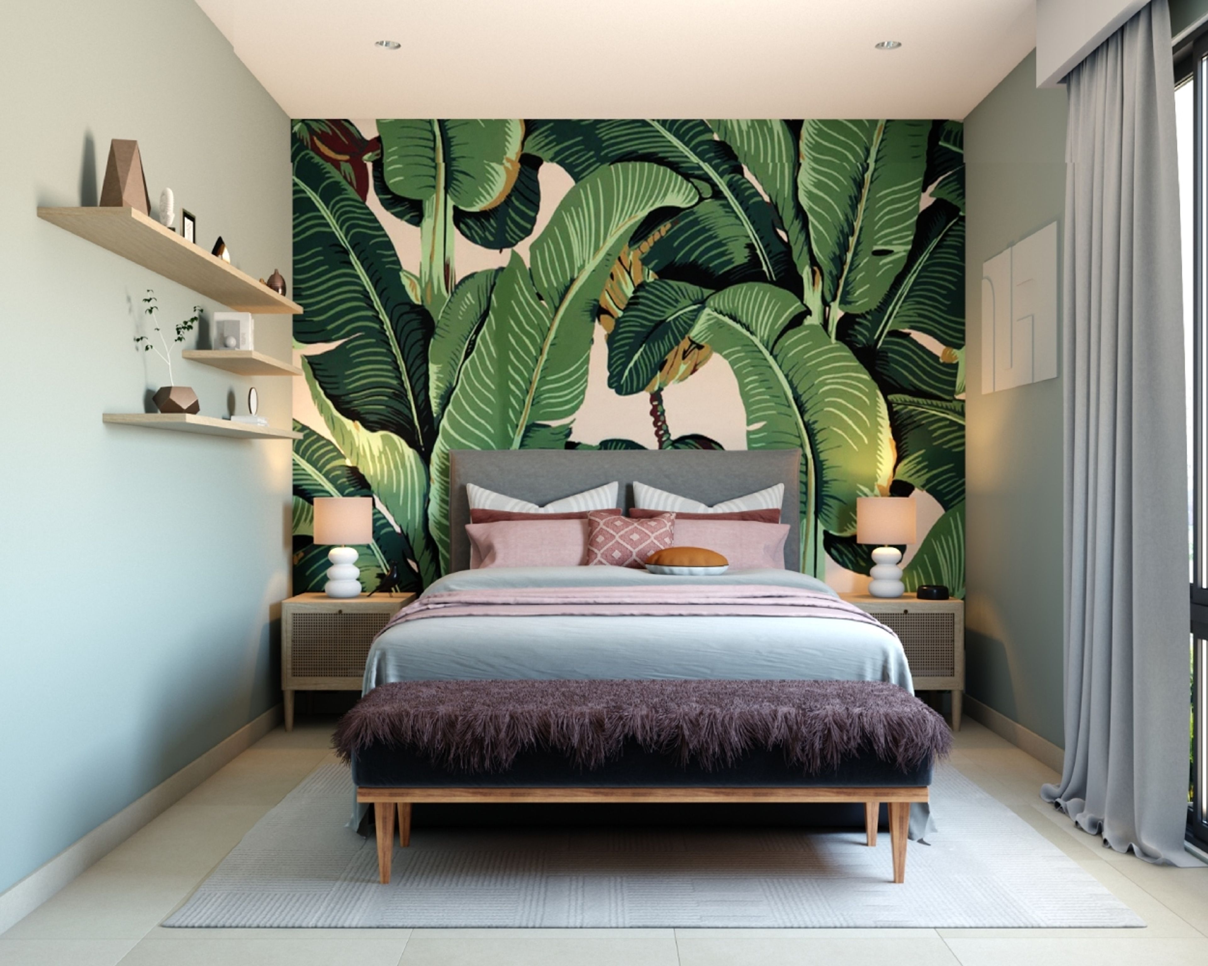Tropical Master Bedroom Design With Leafy Wallpaper