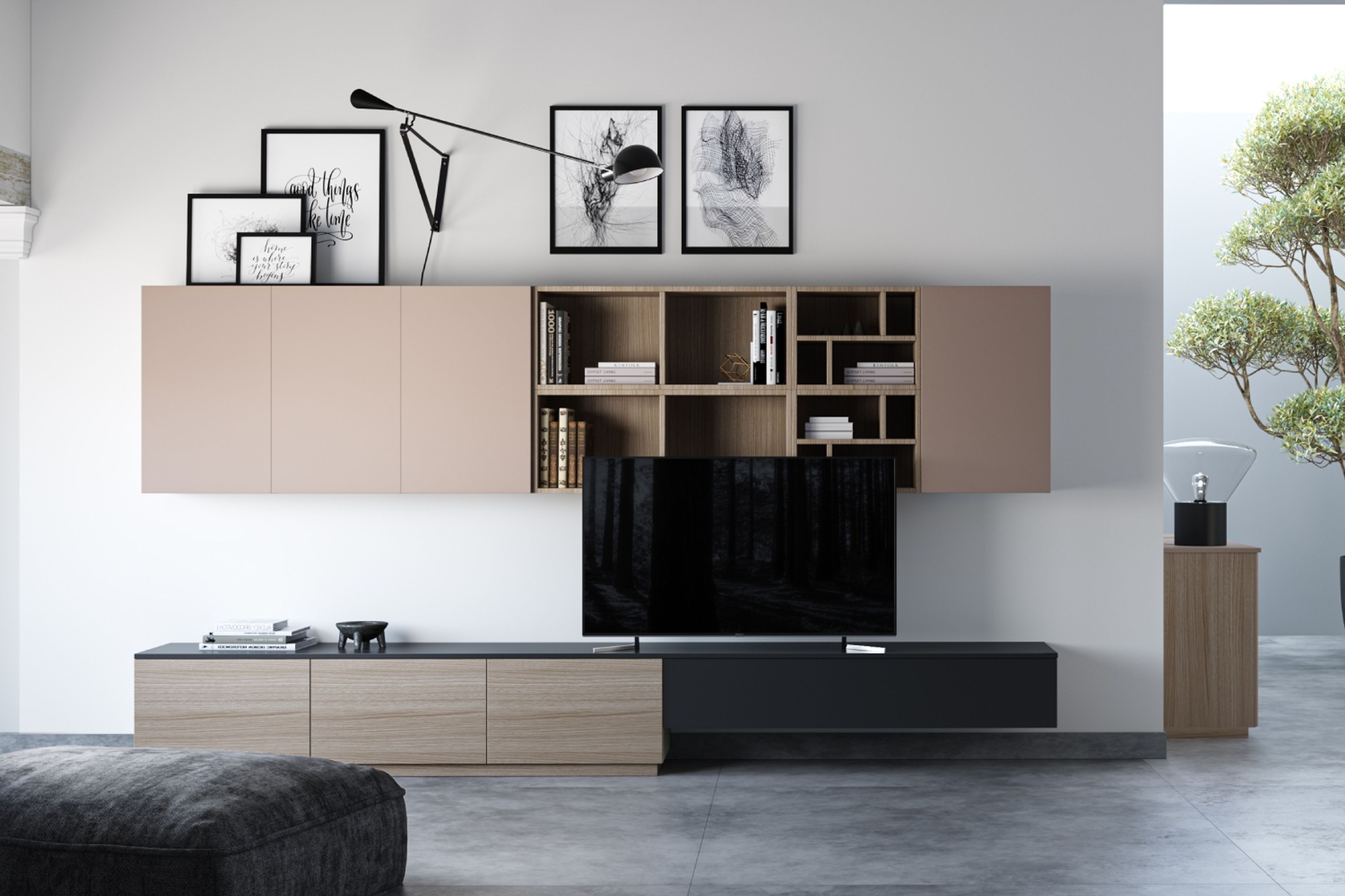 8x1x7 Ft Modern Floor-Mounted Light Beige And American Walnut TV Unit Design - Livspace