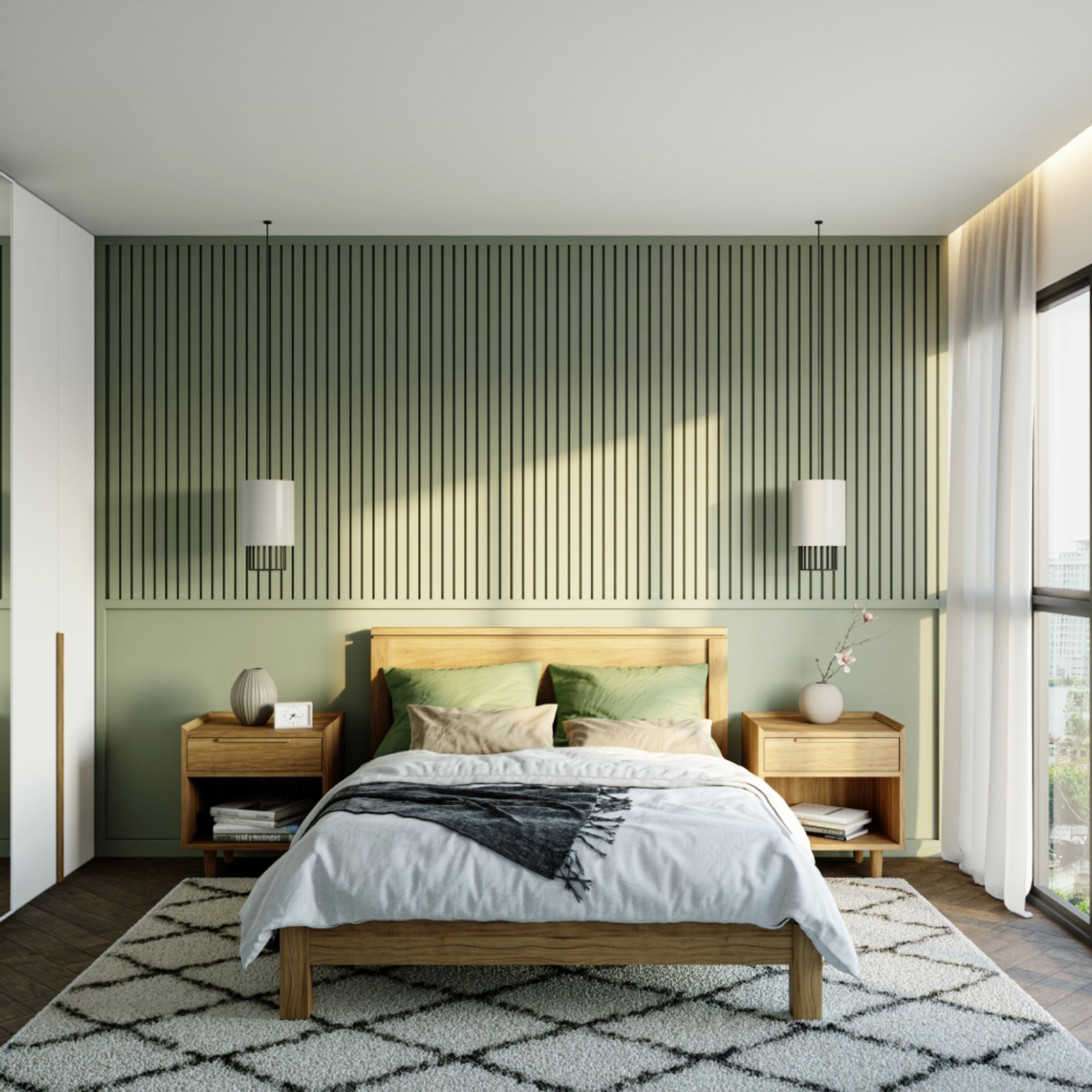 Wall Design With Green Wall Panel And Grooves - Livspace