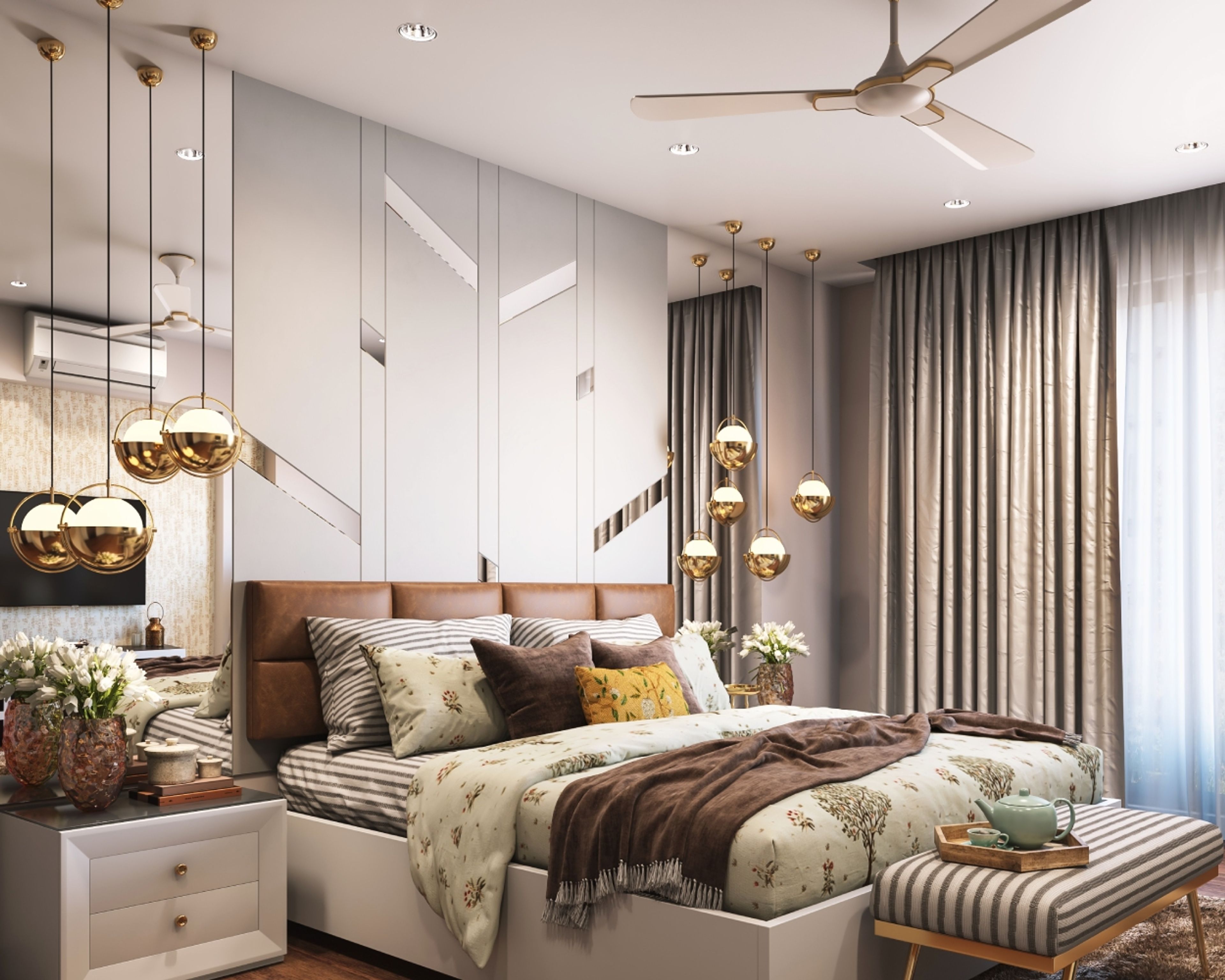 Contemporary Grey Bedroom Wall Design With Panel And Mirror