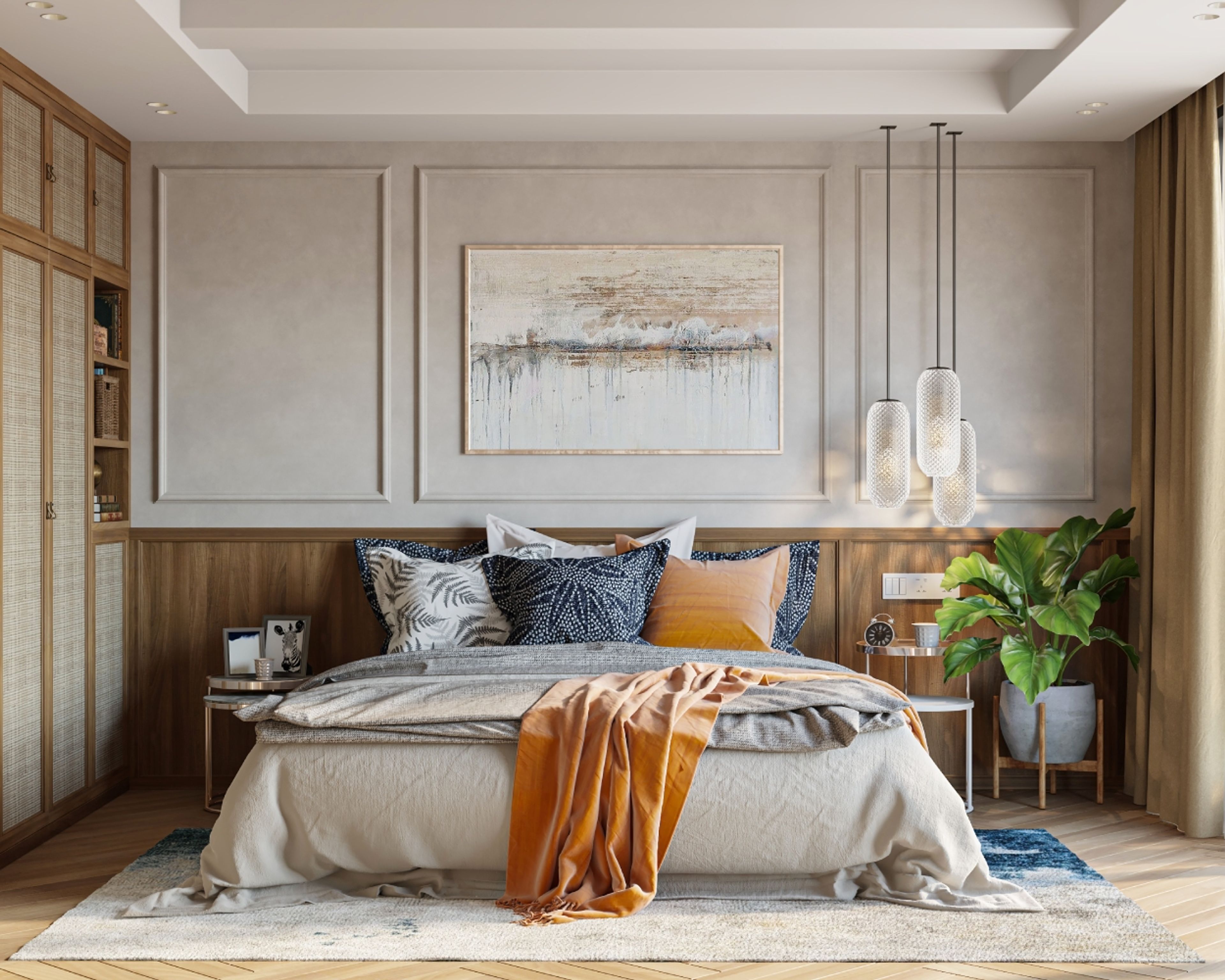 Scandinavian Bedroom Wall Design With Wooden Wall Panel And Wall Trims