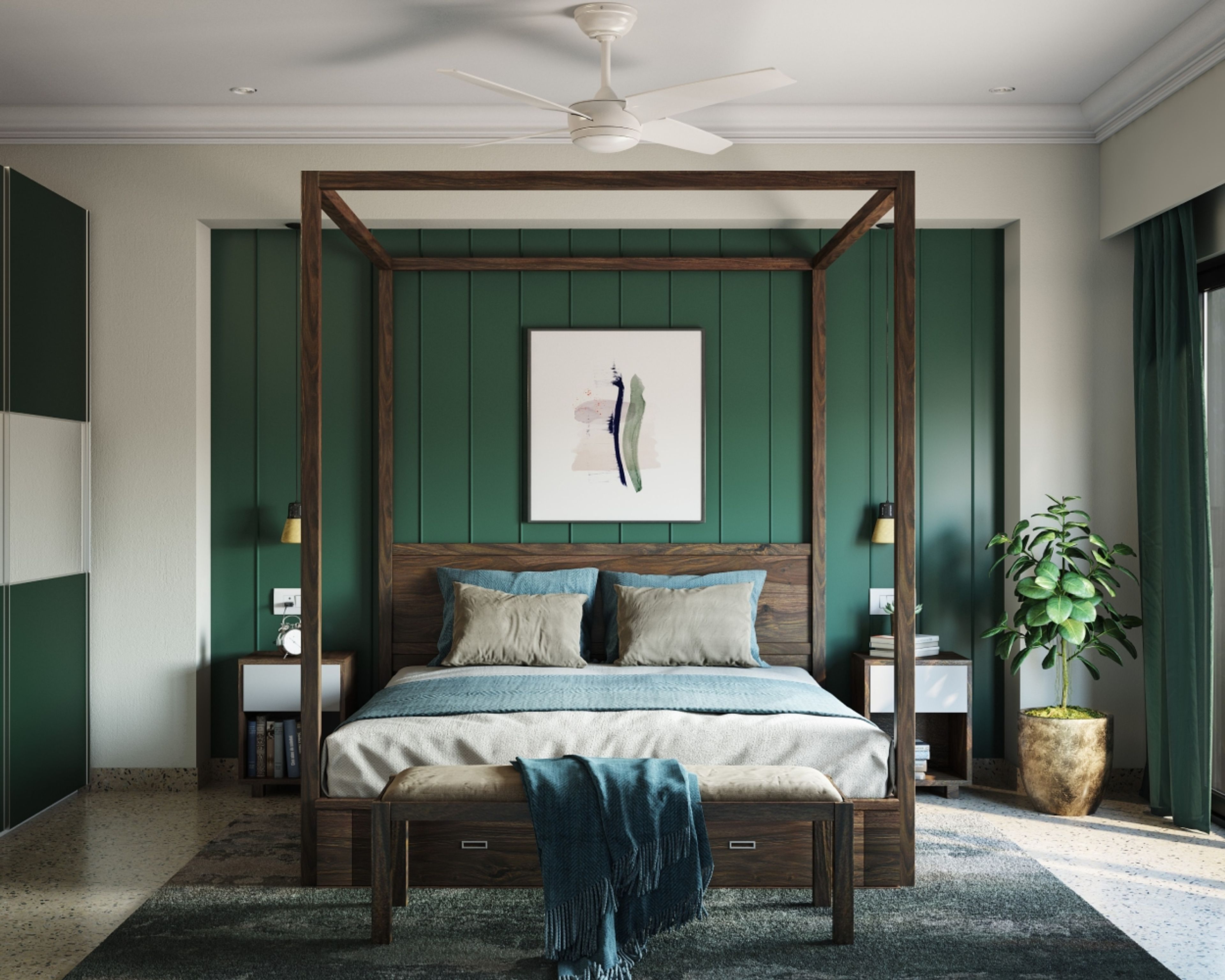 Dark Green Wall Design With Wallpanel And Wall Trims - Livspace