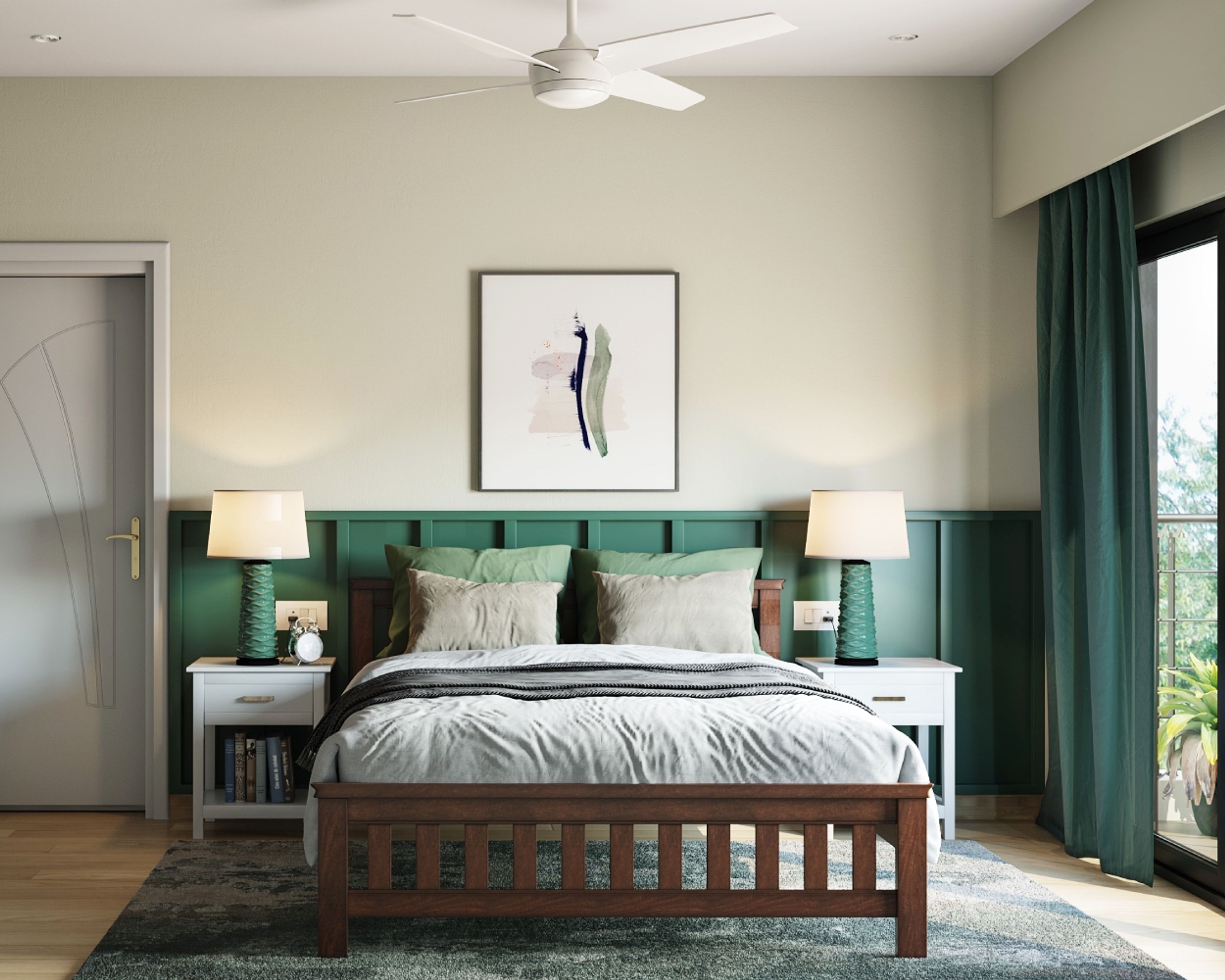 Mid-Century Modern Wall Design With Dark Green Wainscoating Wall Panel