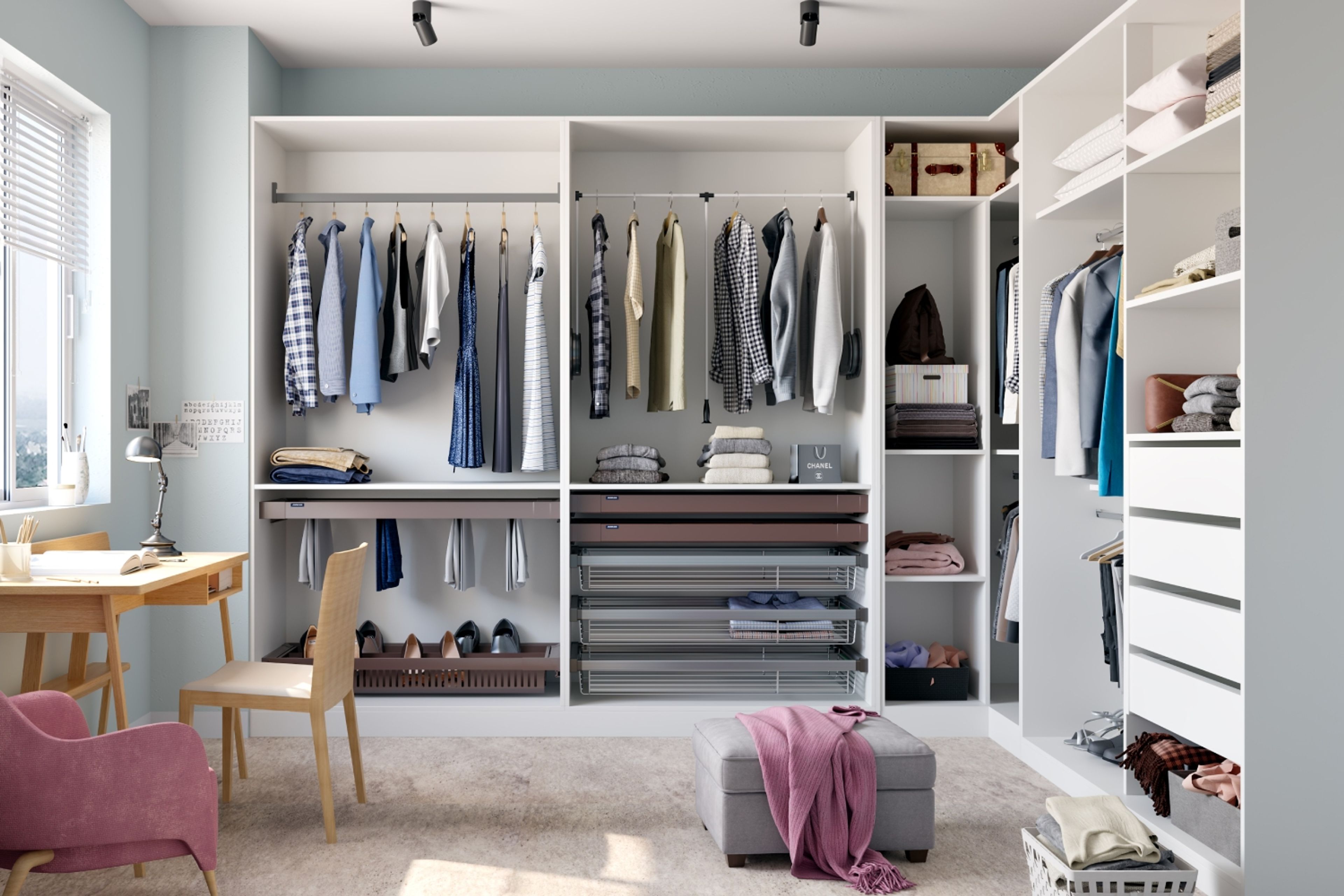 Modern Frosty White Open Wardrobe Design With Drawers And Racks