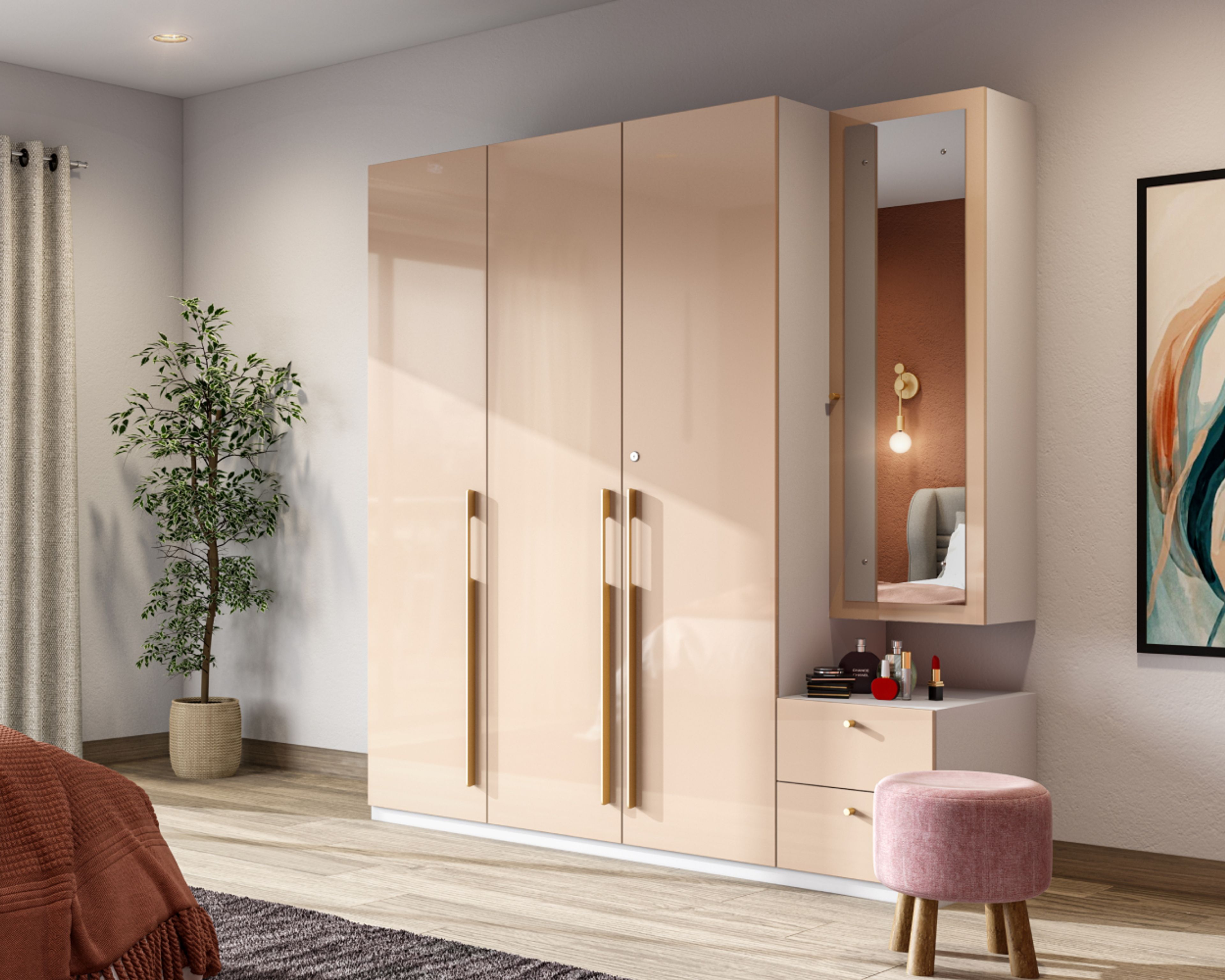 Modern 3 Door Swing Wardrobe Design In Sand Satin Tones