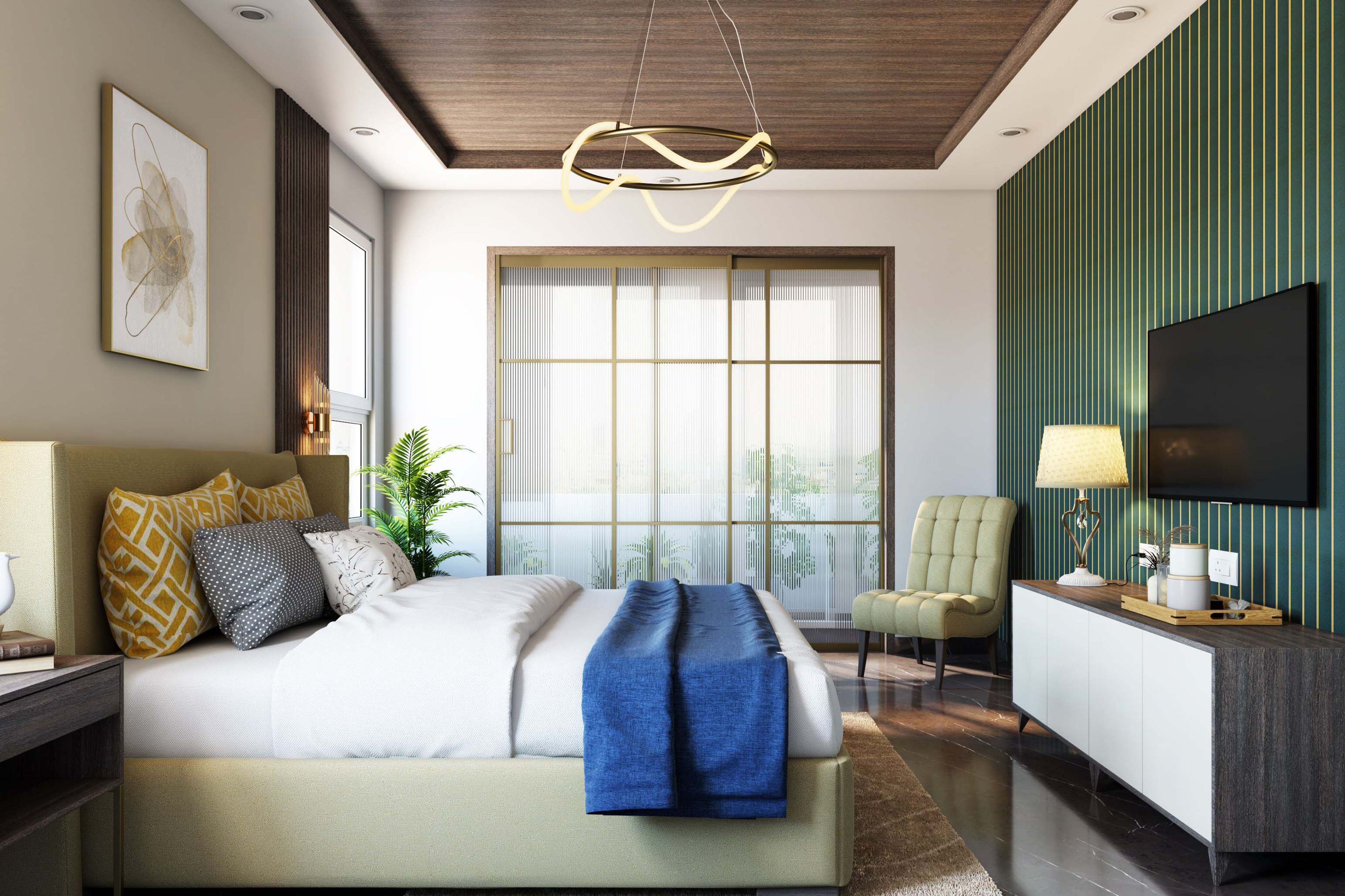 Contemporary Single-Layered Gypsum False Ceiling Design With Recessed Lights And Chandelier