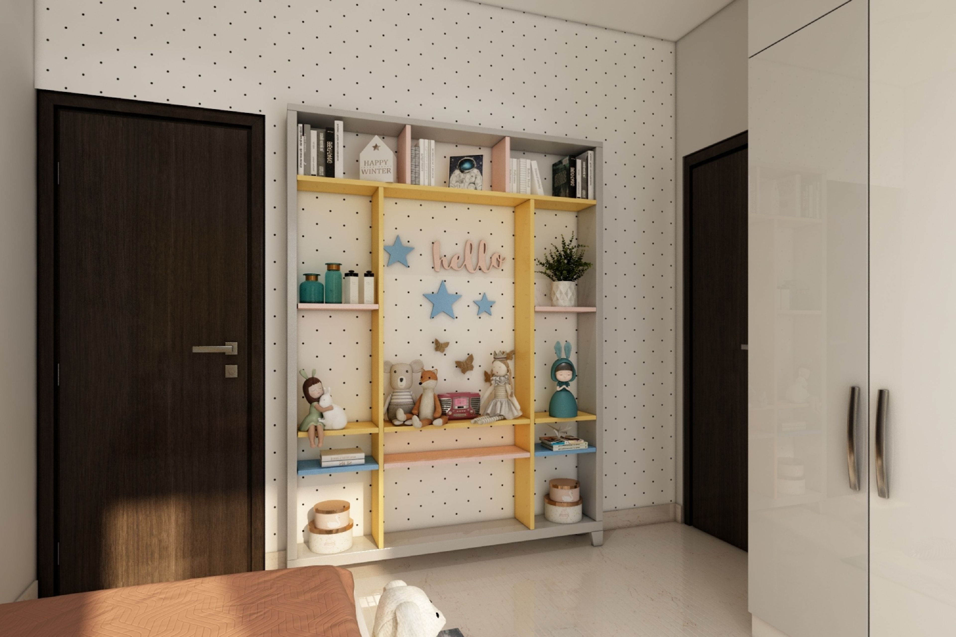 Boys Room Design With With Grey And White Glossy Wardrobe - Livspace