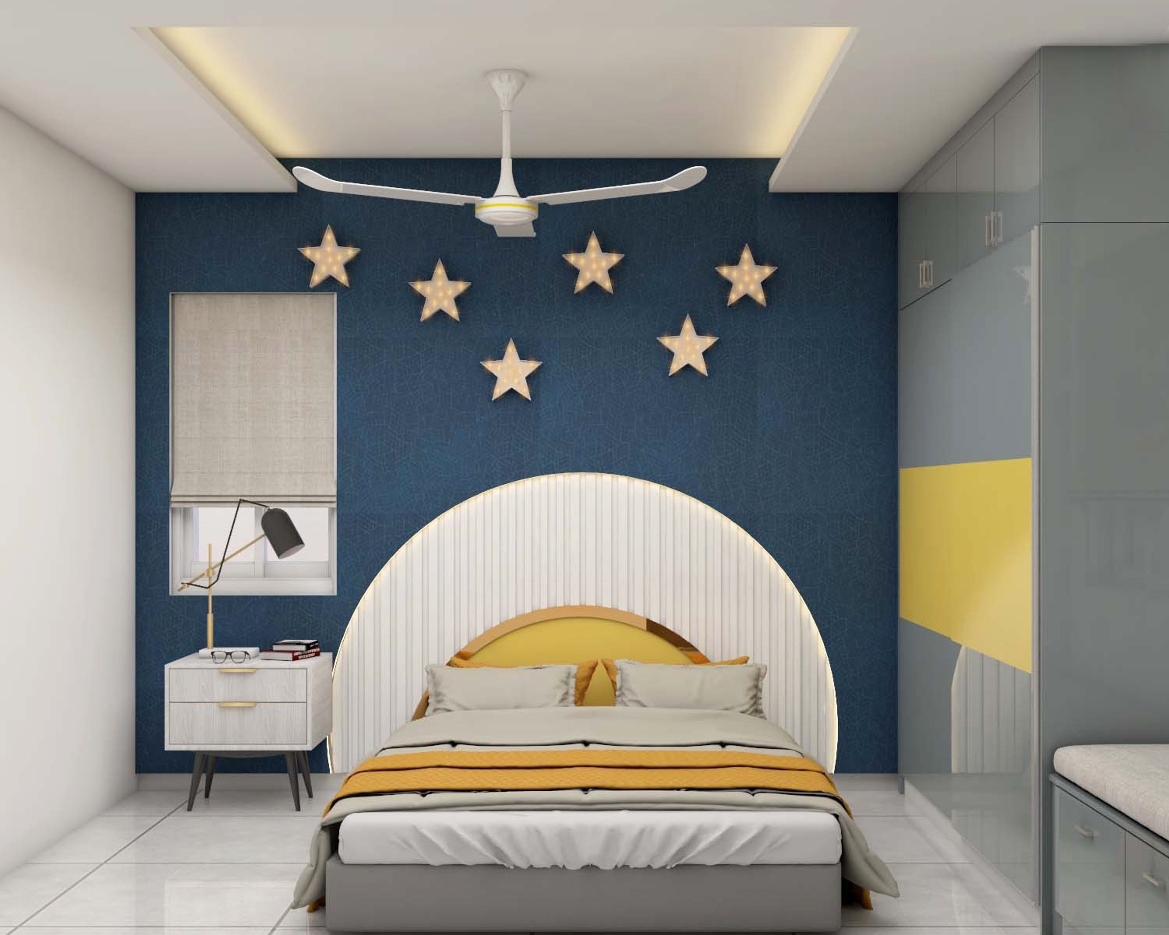 Contemporary Boys Room Design With Dark Blue Accent Wall And Star Decor