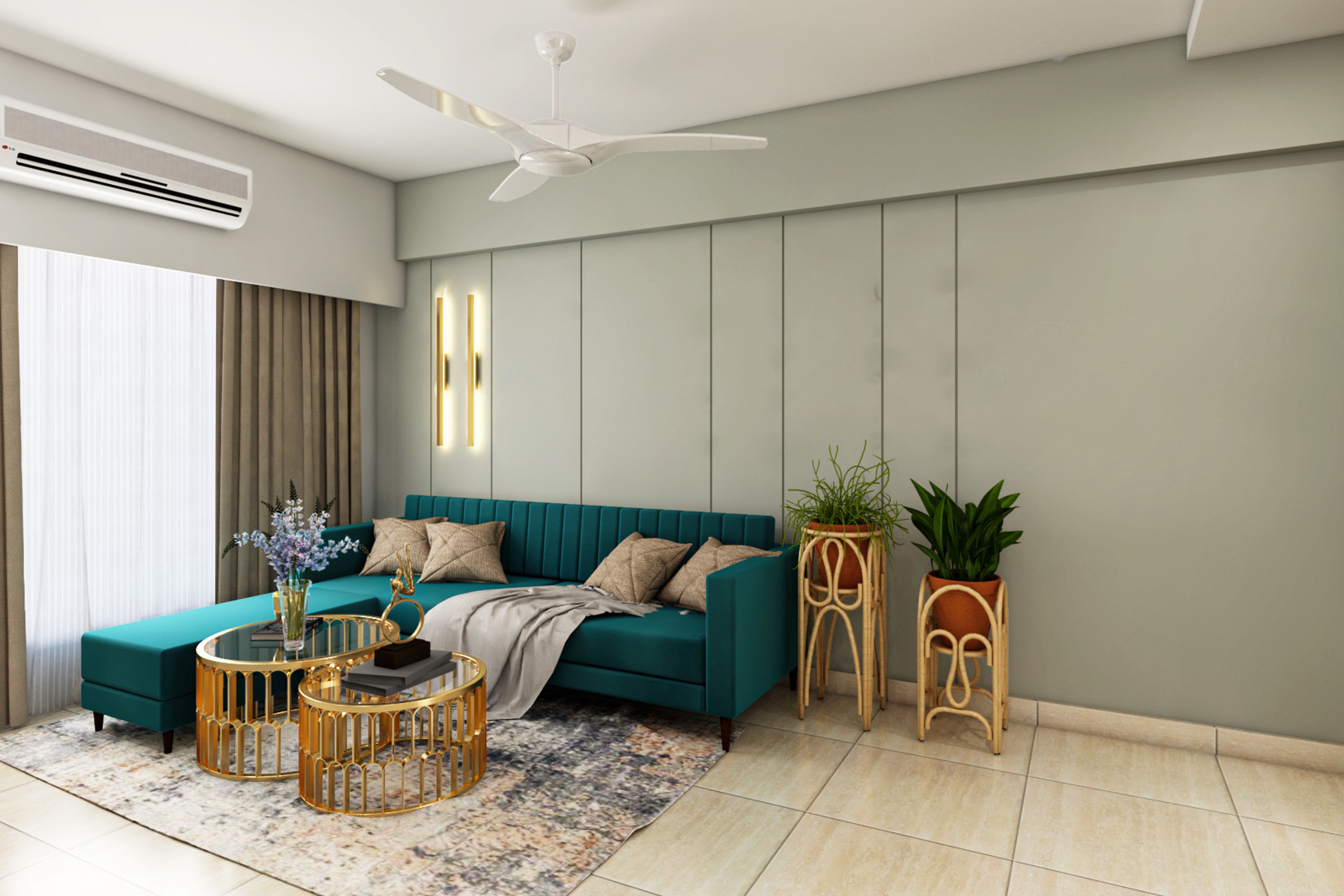 Living Room Design With Turquoise Sectional Sofa - Livspace