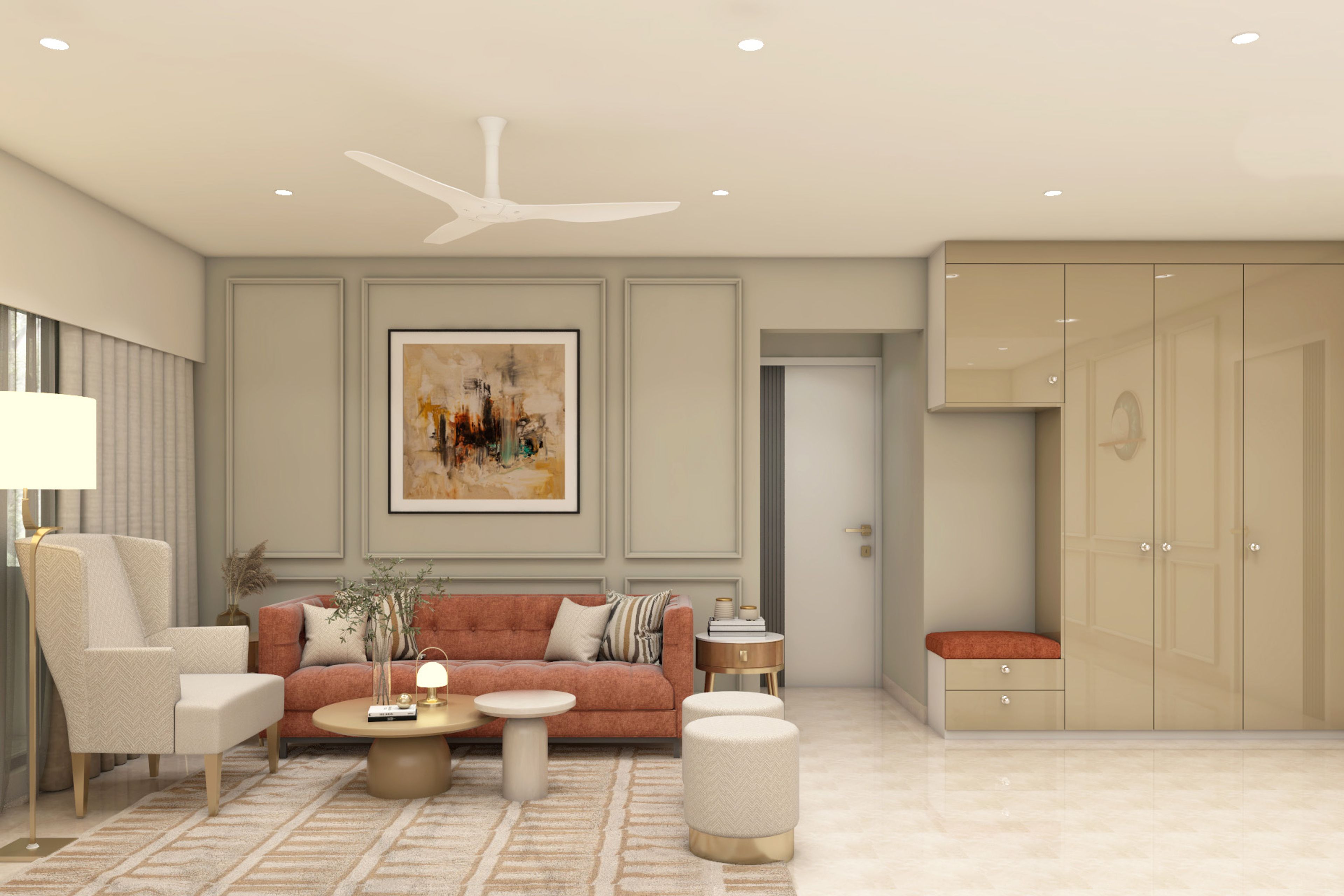 Living Room Design With Brick-Toned Chesterfield Sofa And Off-White Accent Chair - Livspace