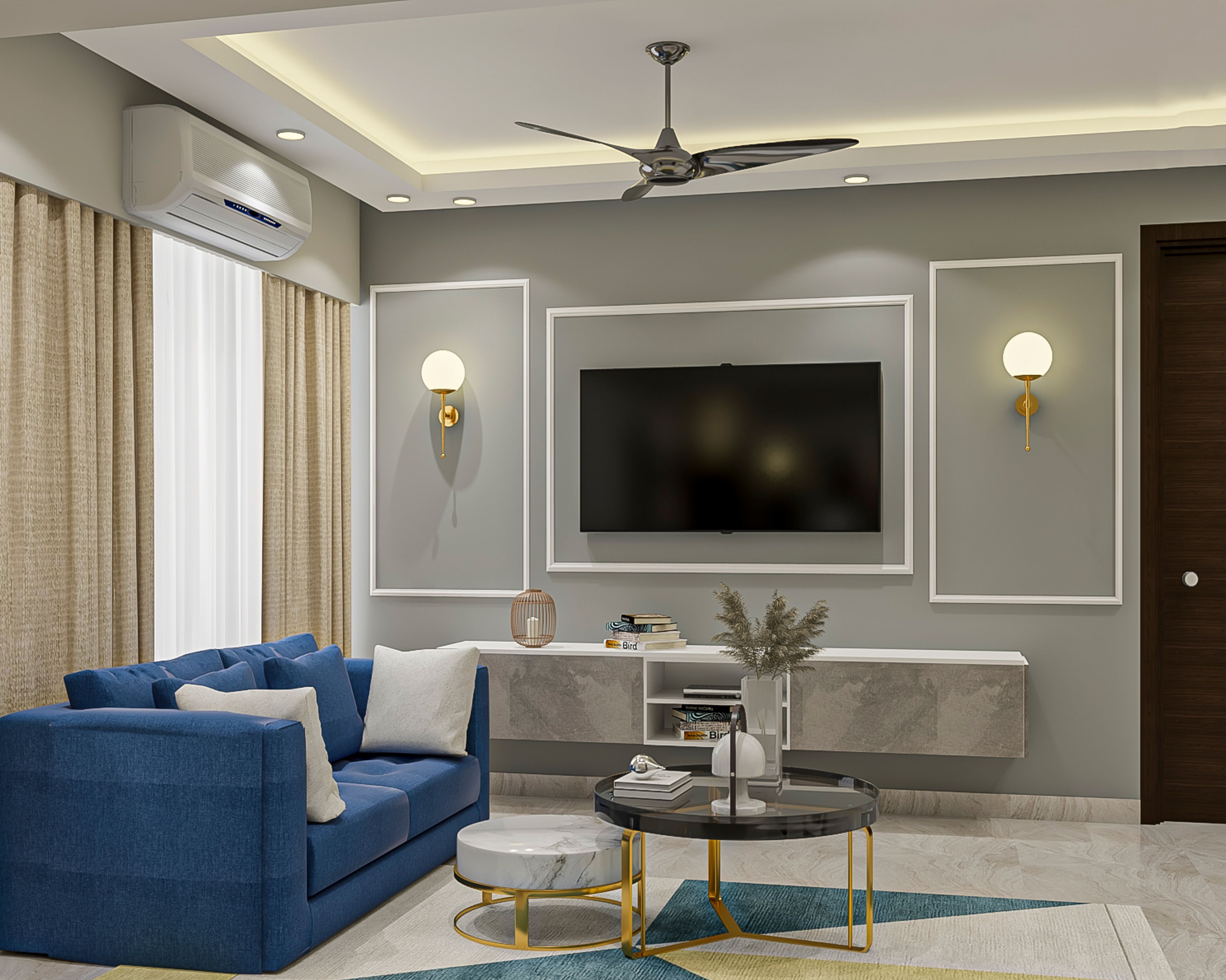 Living Room Design With Blue Loveseat Sofa And A Grey Textured TV Console - Livspace