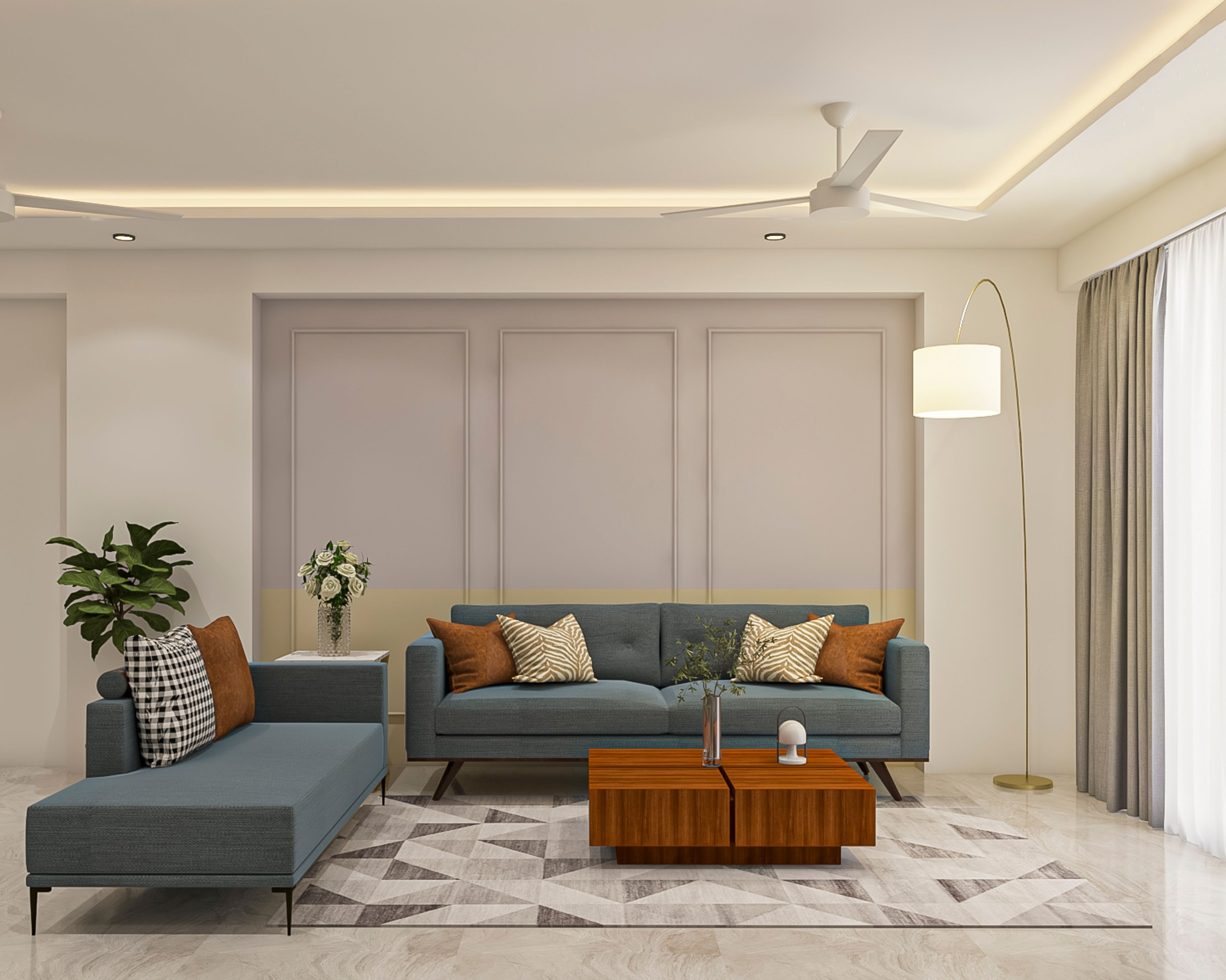 Contemporary Living Room Design With Grey L-Shaped Sofa And Brown Cushions