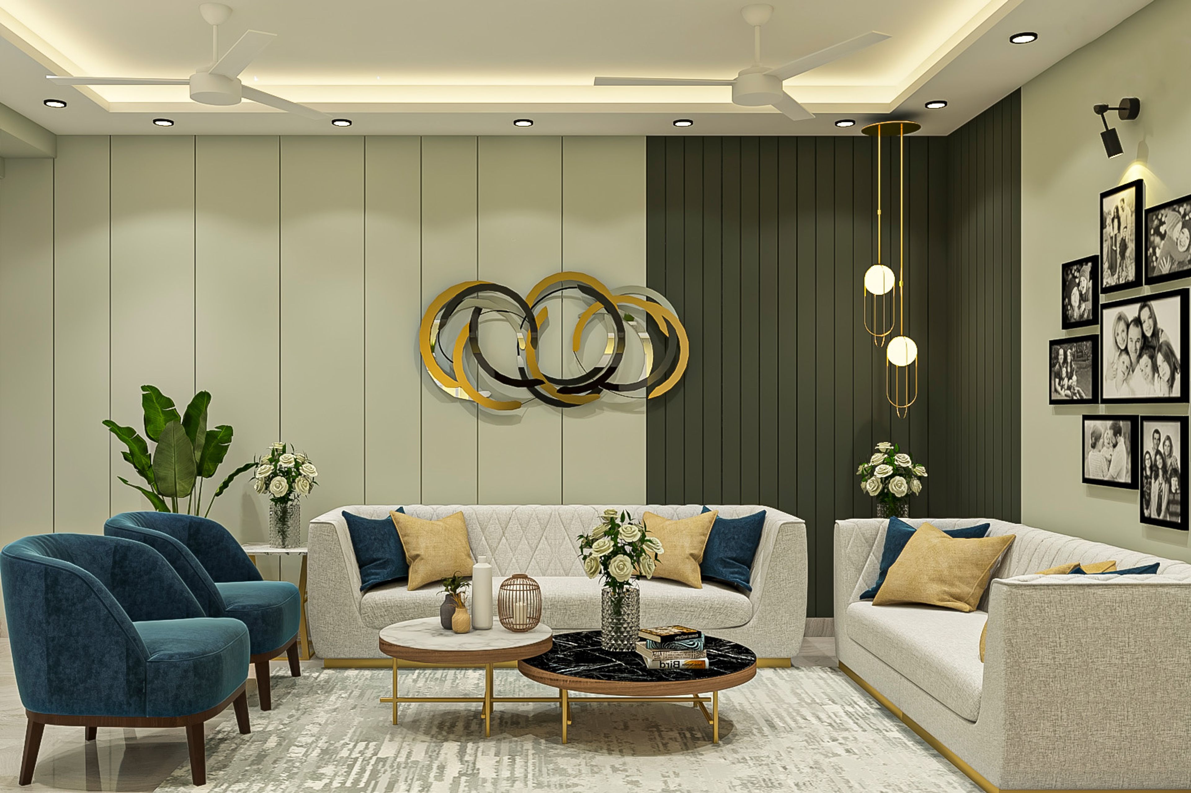 Living Room Design With Blue And White Sofa - Livspace