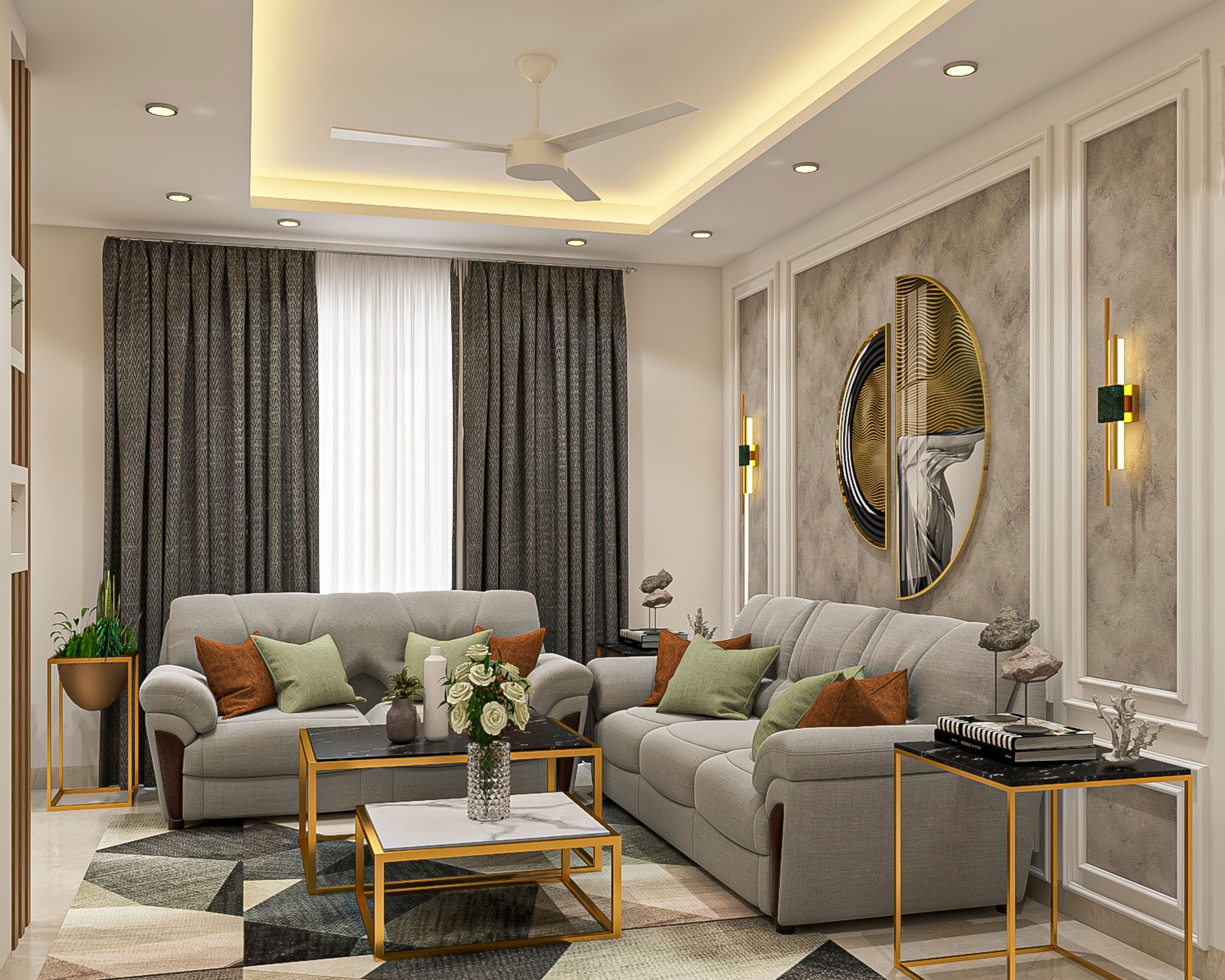 Grey Living Room Design With White And Grey Accent Wall - Livspace