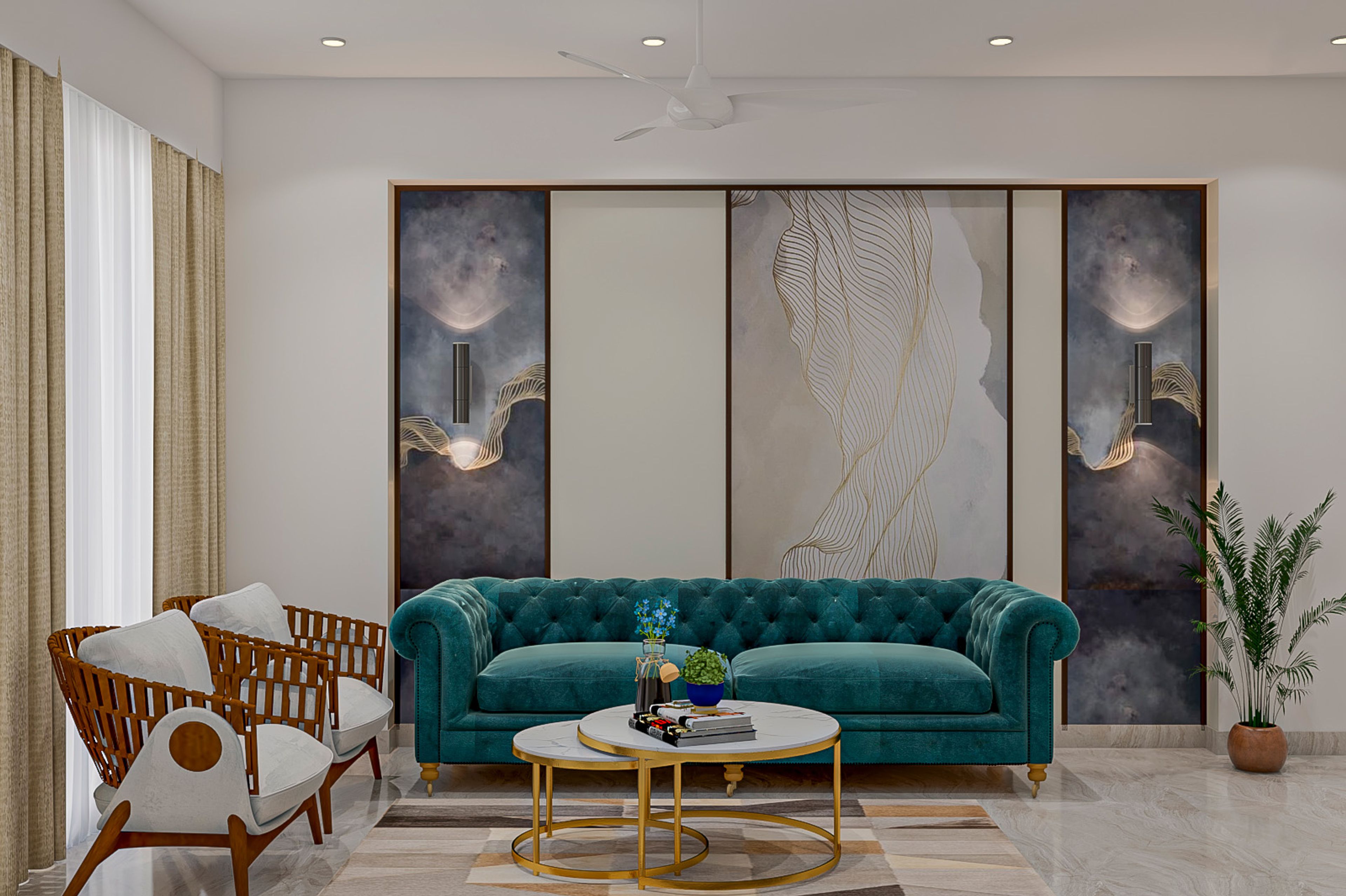 Living Room Design With Teal Blue Chesterfield Sofa - Livspace