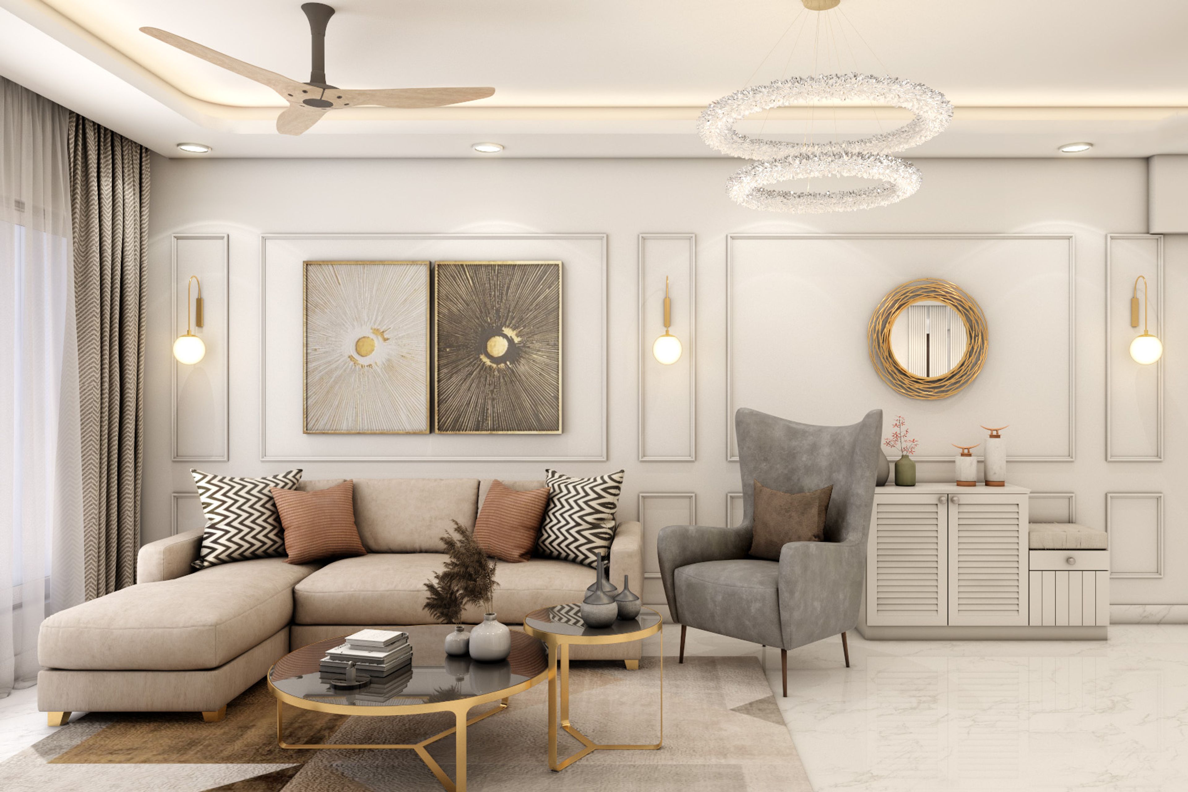 Living Room Design With Beige L-Shaped Sofa And Grey Accent Chair - Livspace