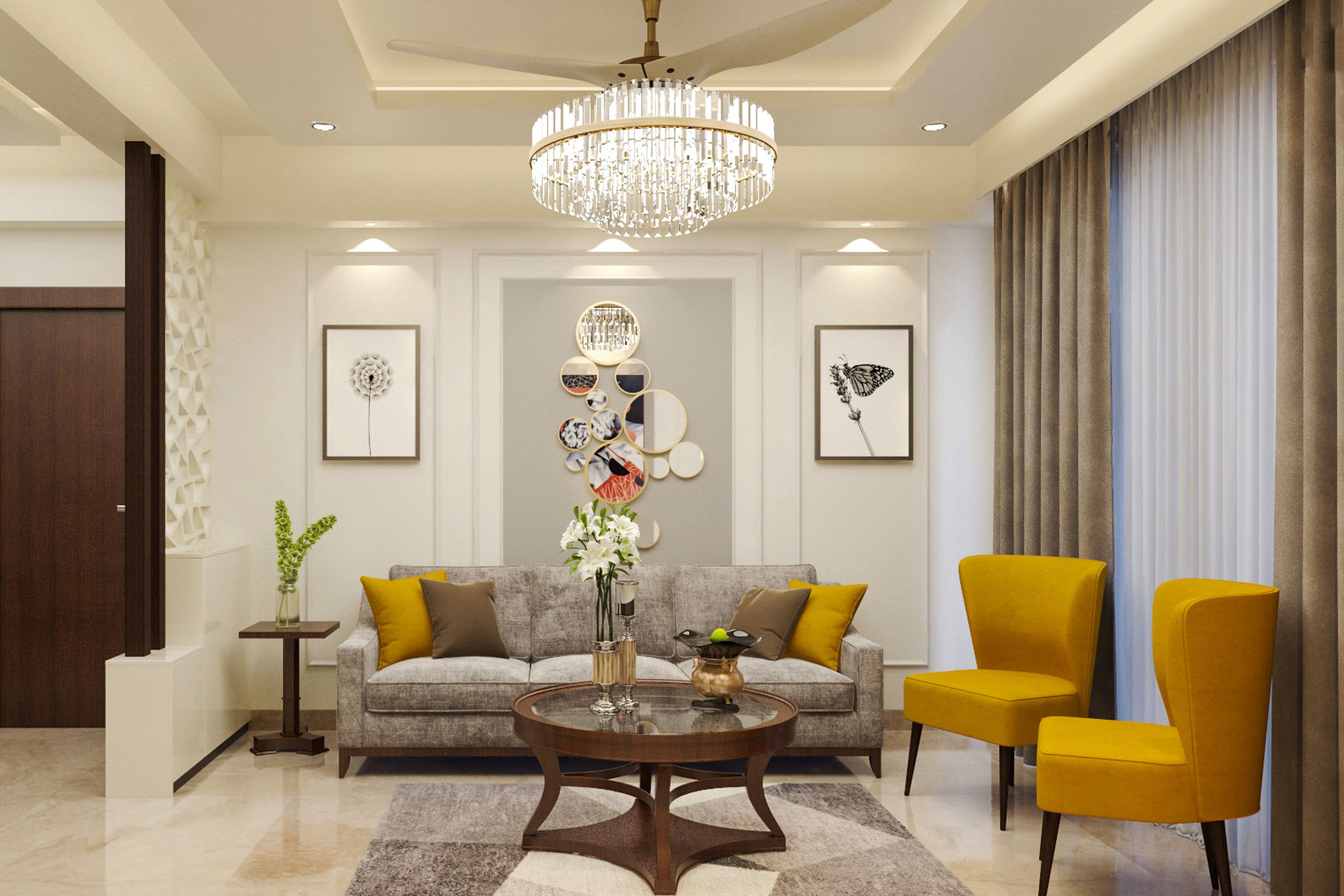 Living Room Design With Grey Textured Sofa And Yellow Chairs - Livspace