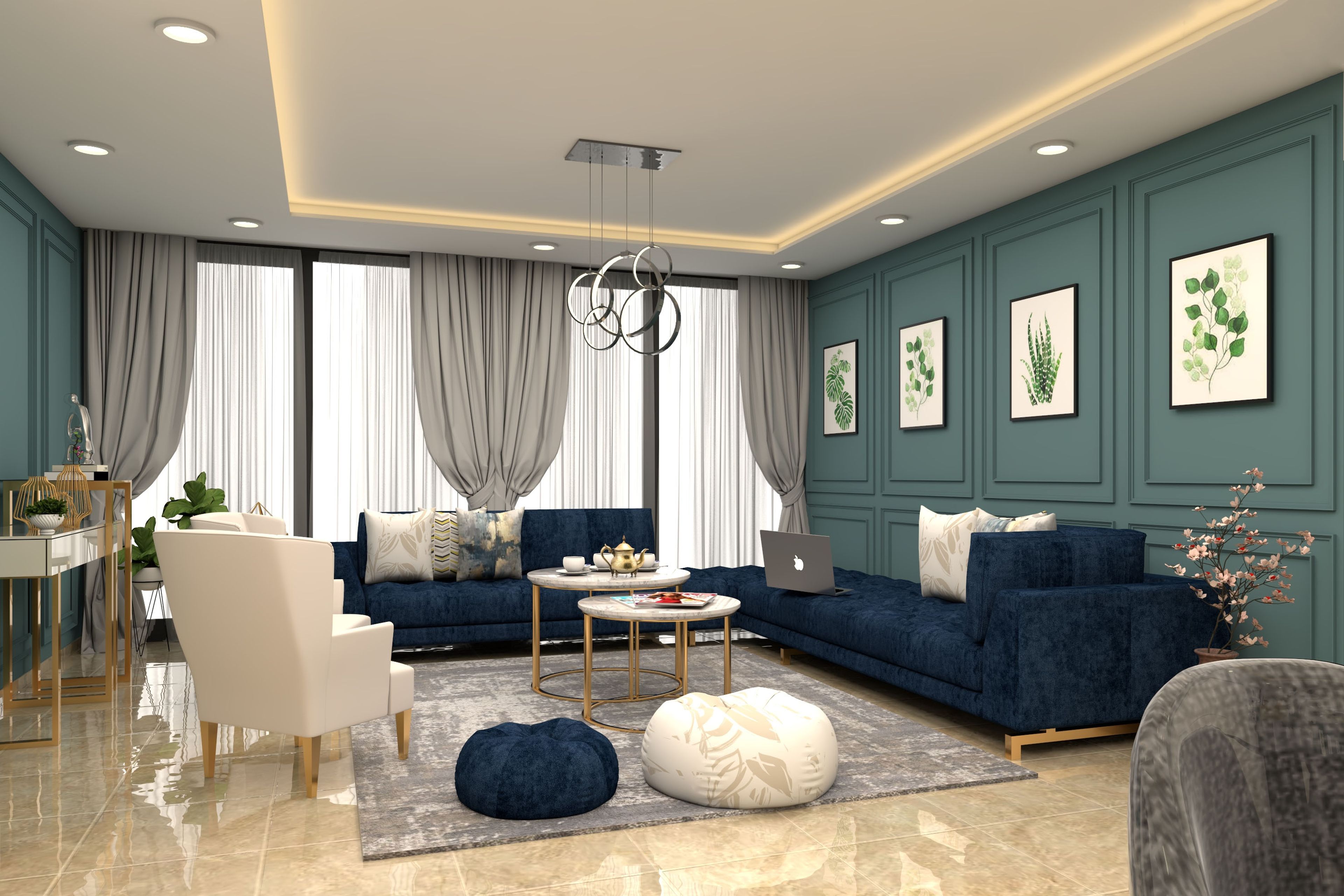 Living Room Design With Navy Blue And White Sofa - Livspace