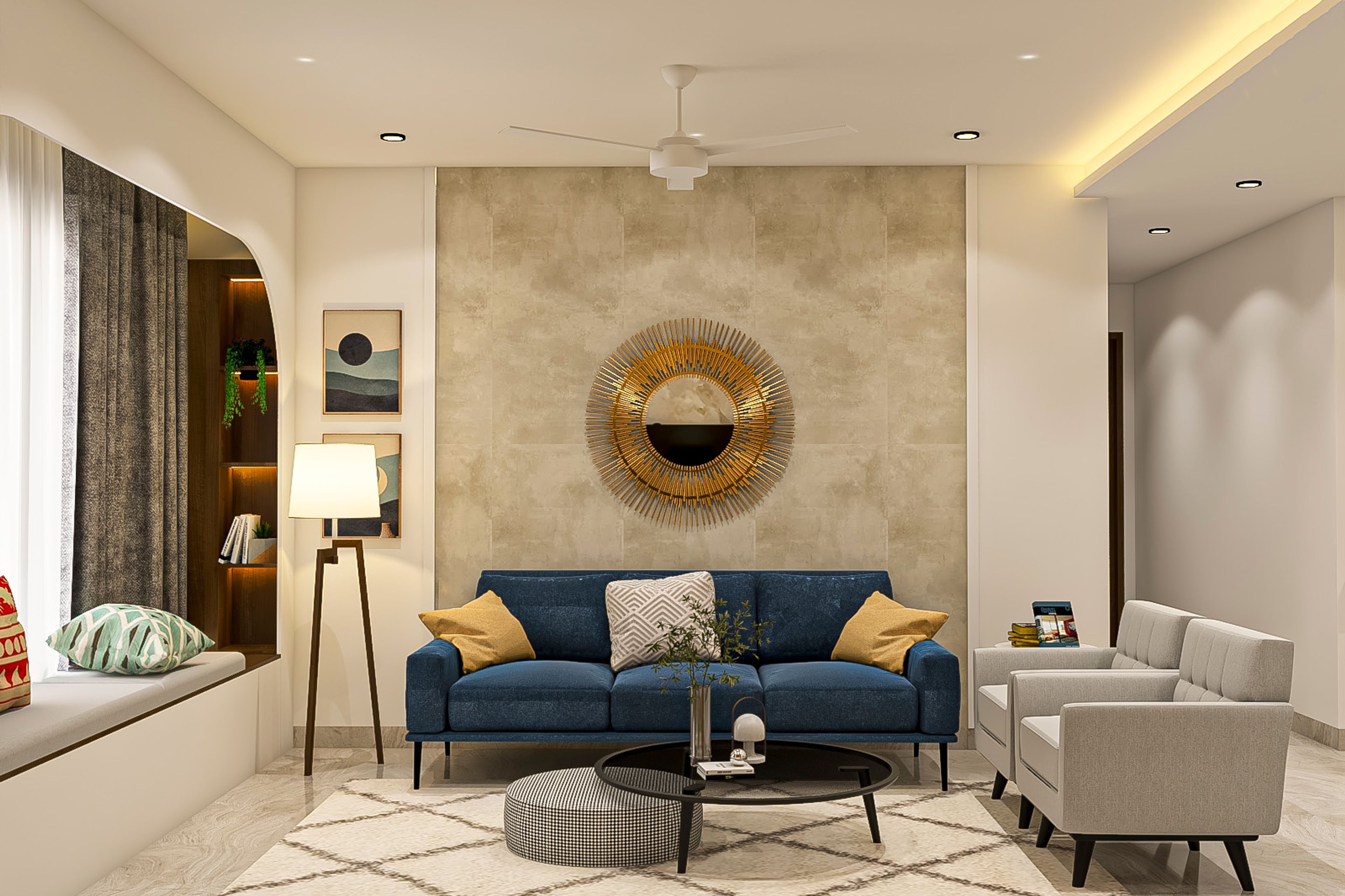 Living Room Design With Beige Textured Wall And Gold Mirror - Livspace