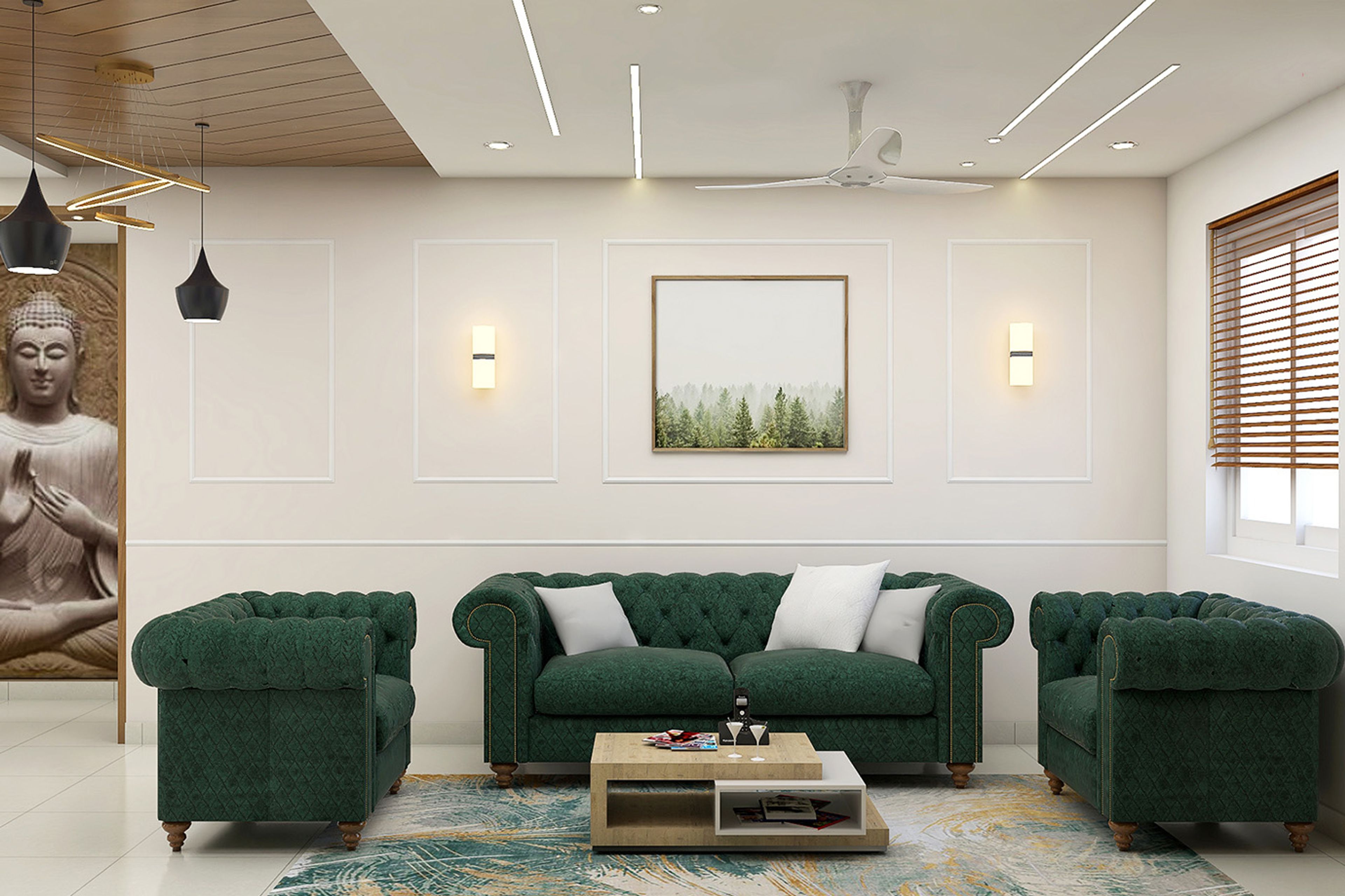 Living Room Design With Dark Green Chesterfield Sofas- Livspace