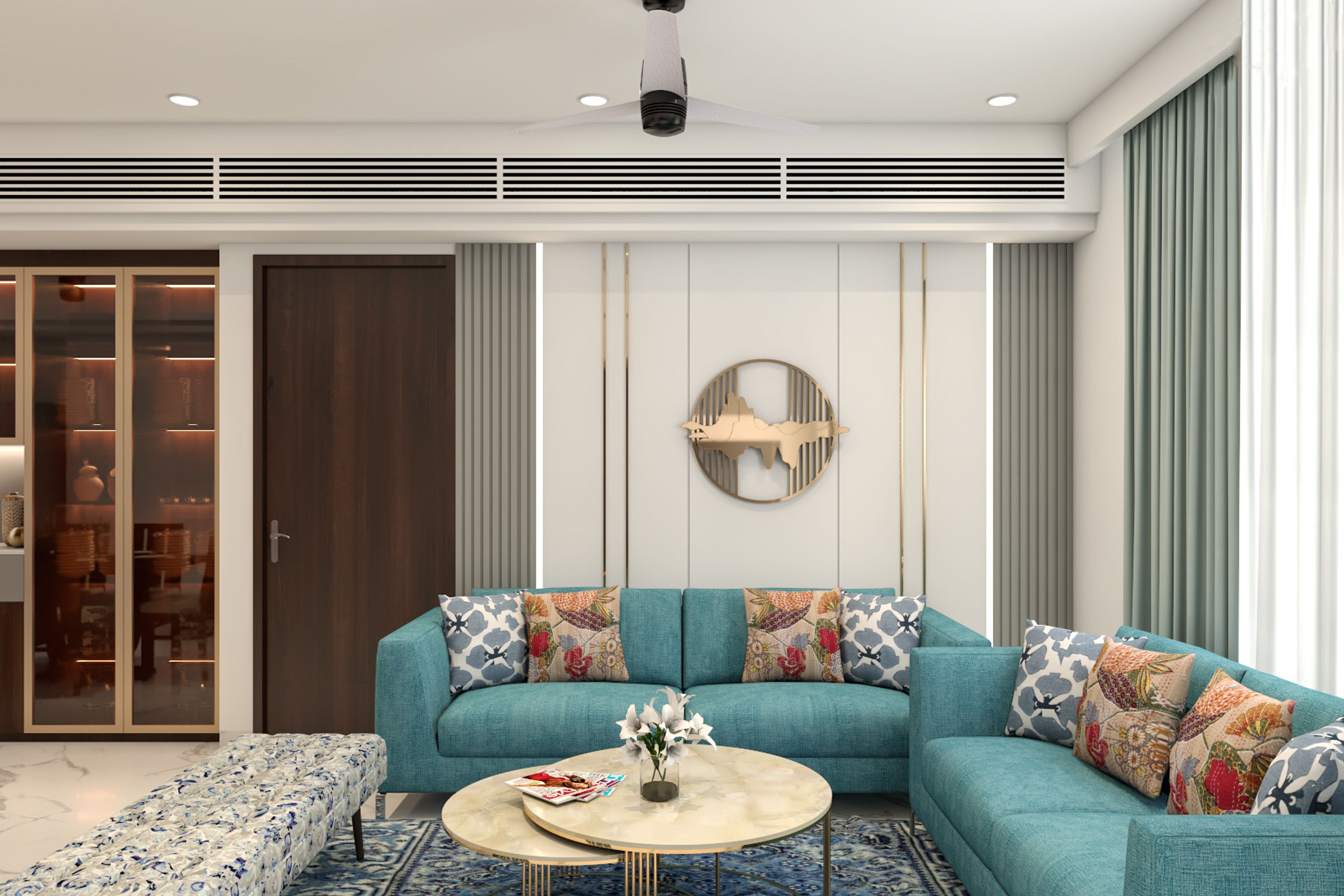 Living Room Design With L-Shaped Blue Sofa And Printed Cushions - Livspace