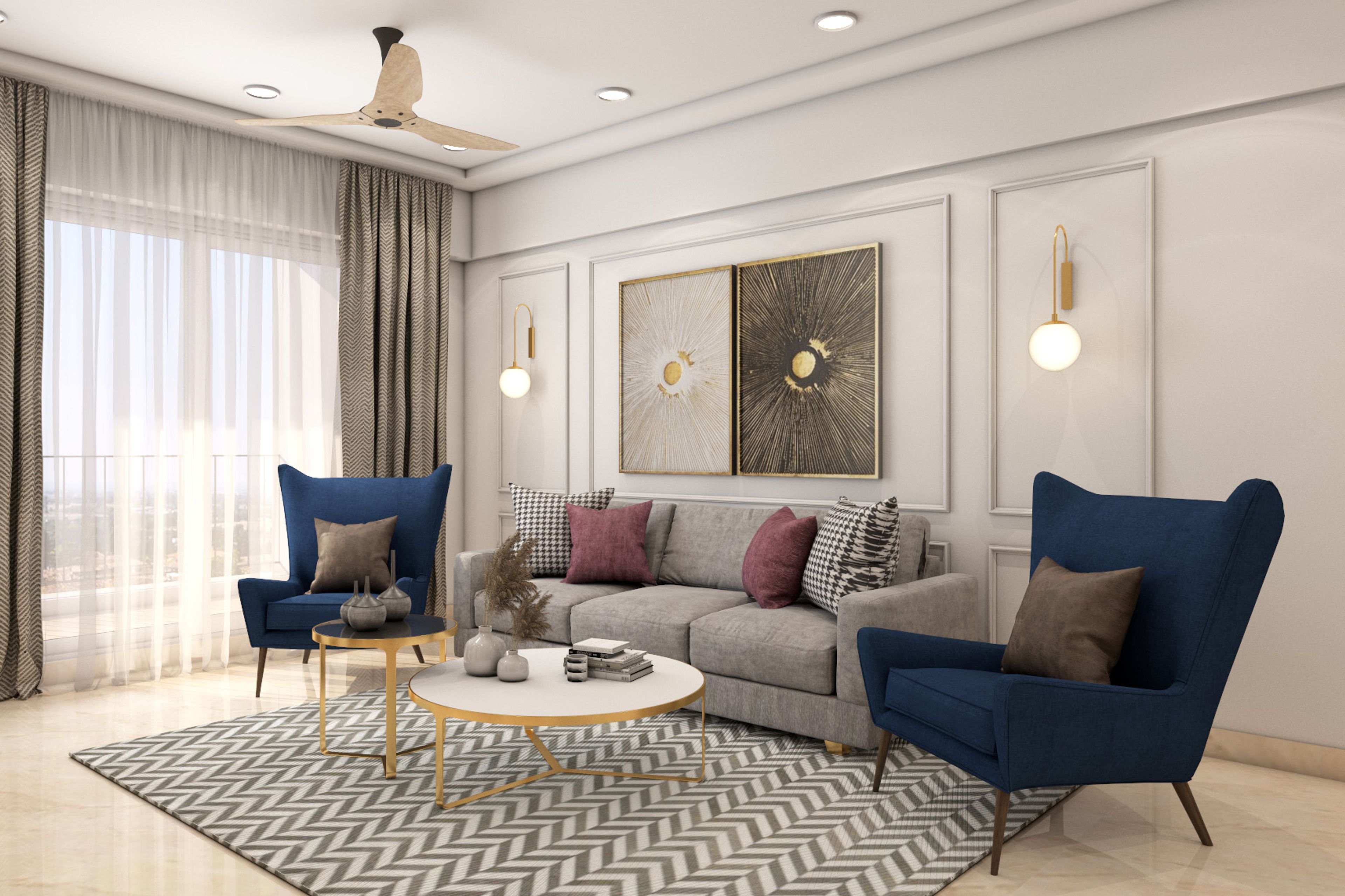 Blue And Grey Living Room Design With White Wall Trims - Livspace