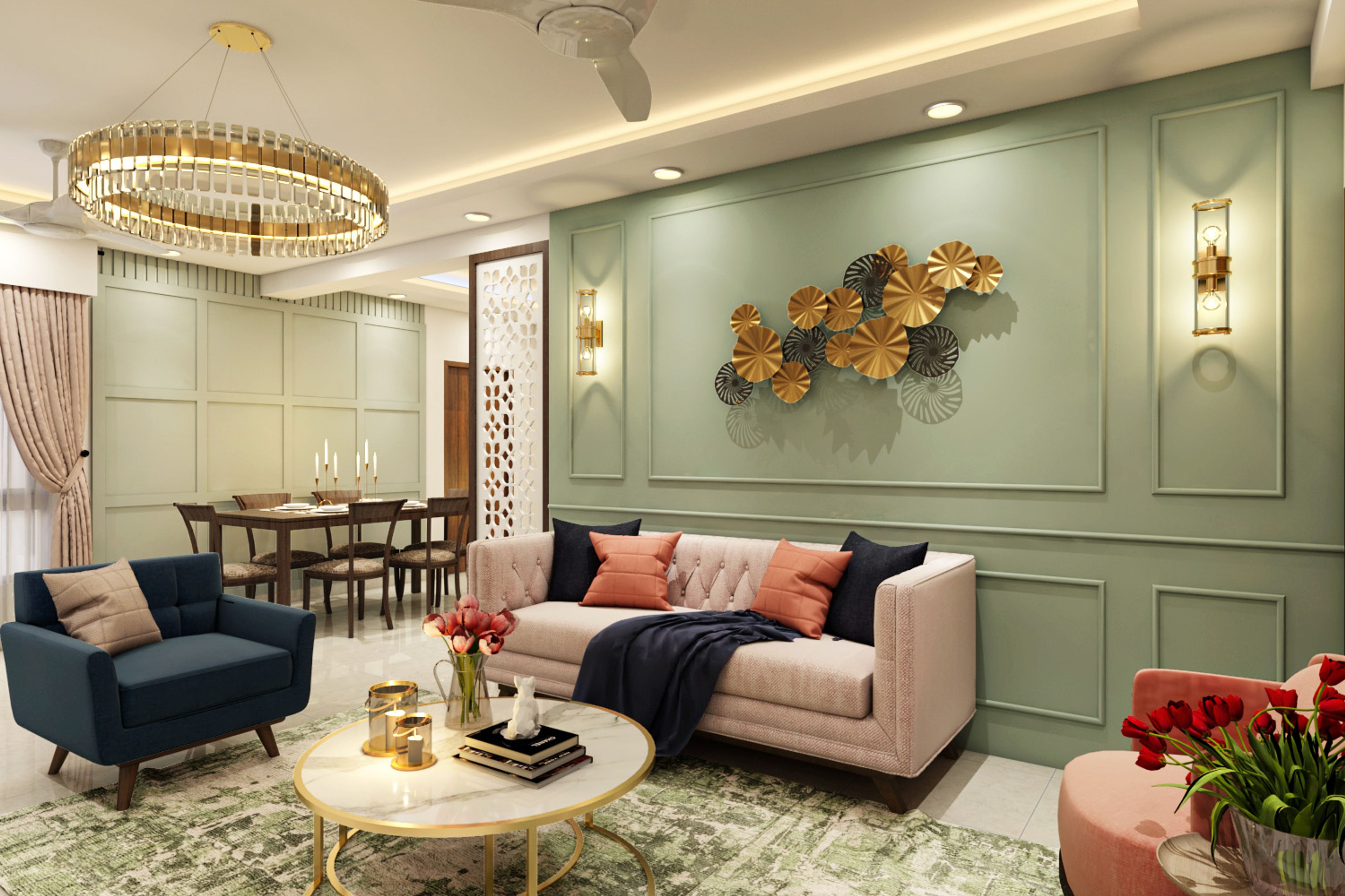 Living Room Design With Green Accent Wall And Trims - Livspace