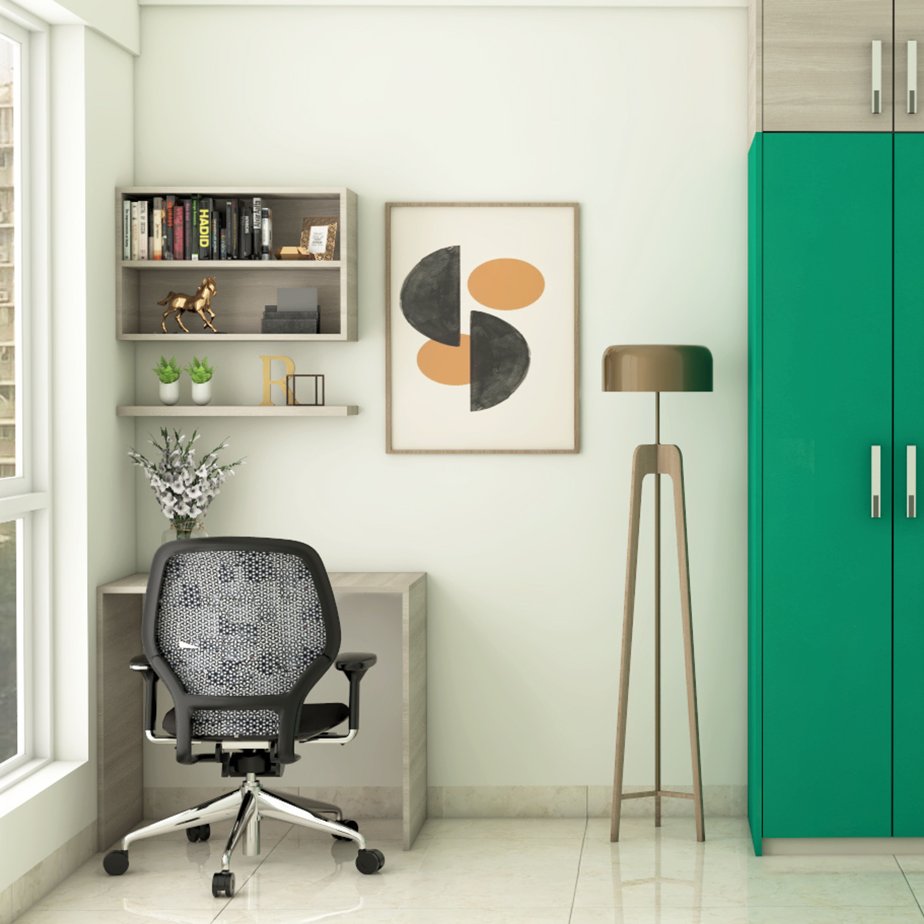 Light Brown Study Room Design With Wall-Mounted Storage - Livspace