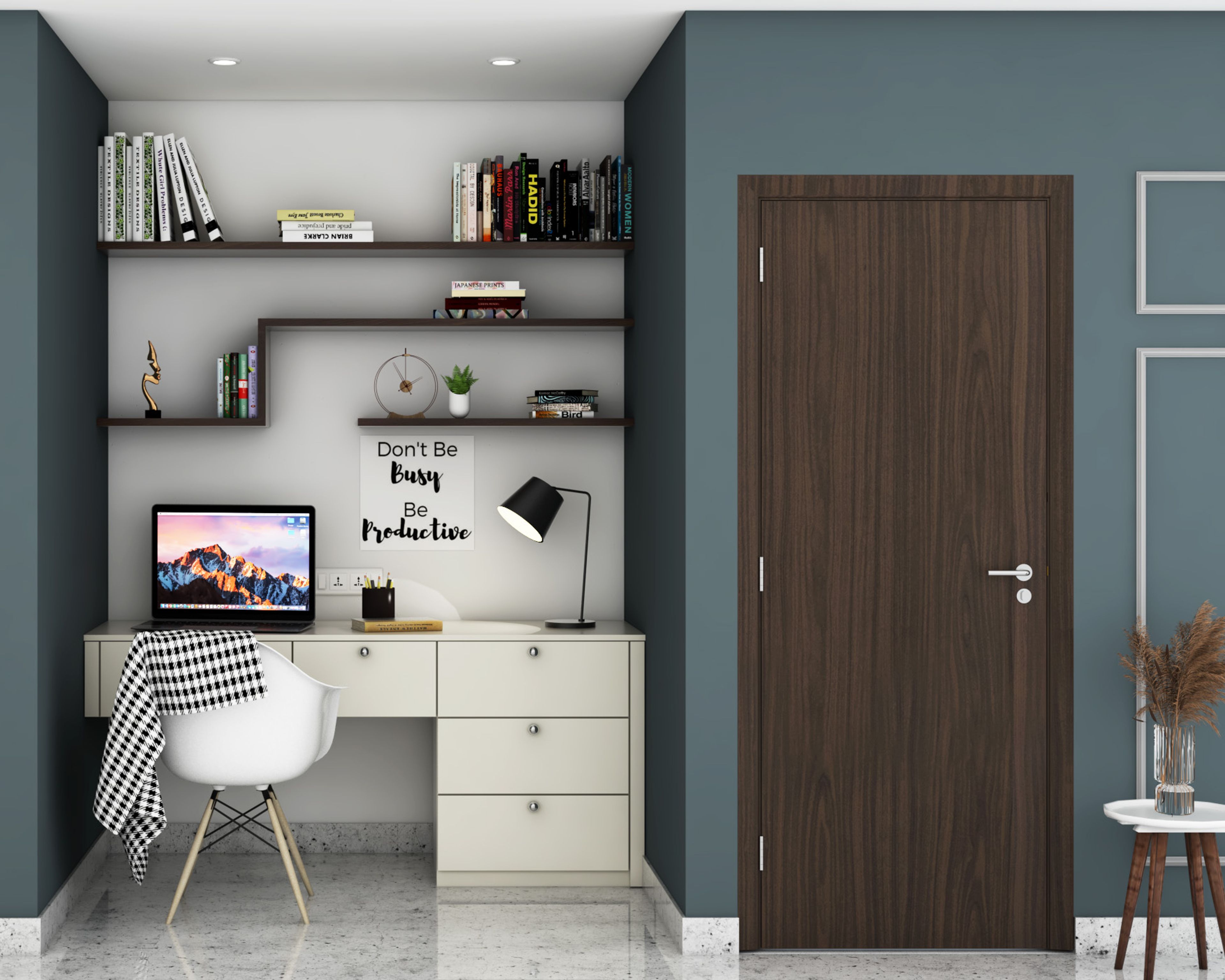 Frosty White And Acacia Exodus Study Room Design With Black And White Checkered Rug - Livspace