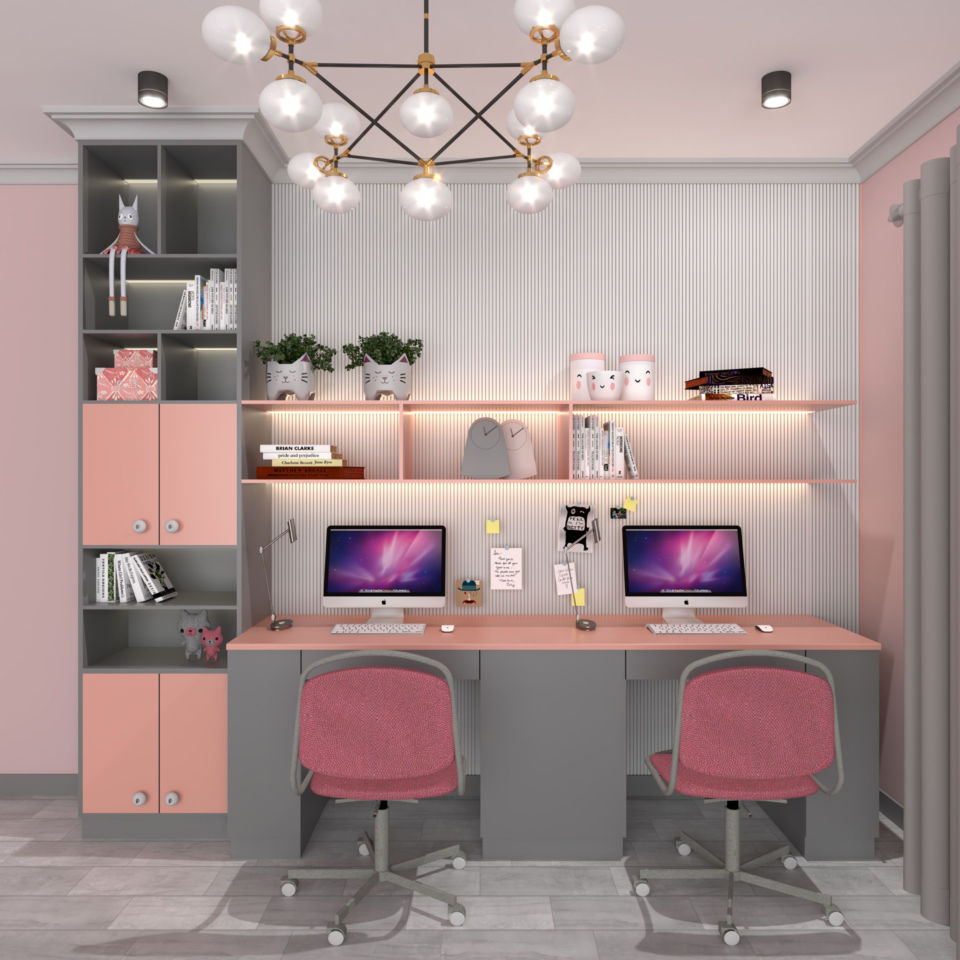 Contemporary Study Room Design In Pink And Grey For Two