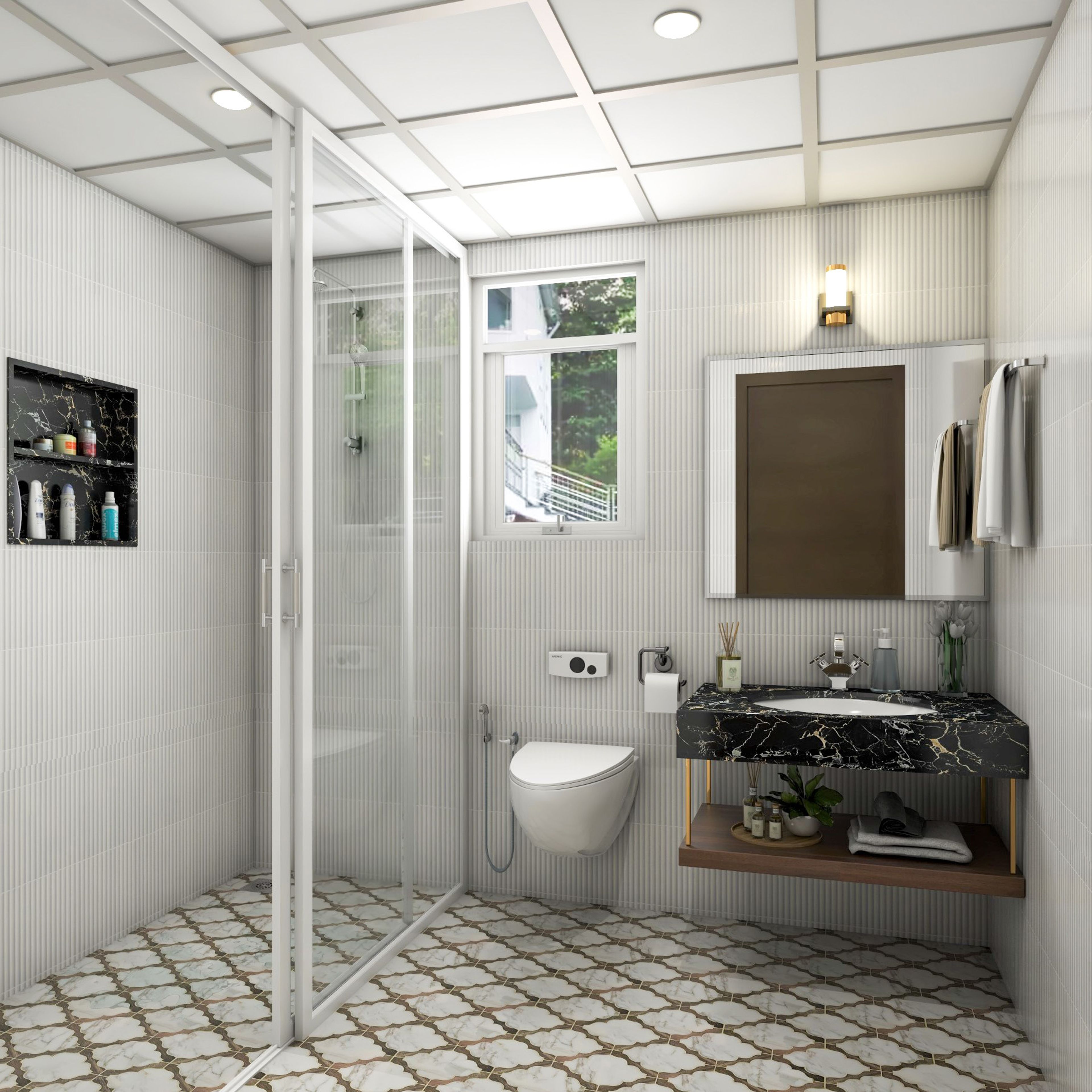 Contemporary Porcelian Off-White Stacked Bathroom Tile Design