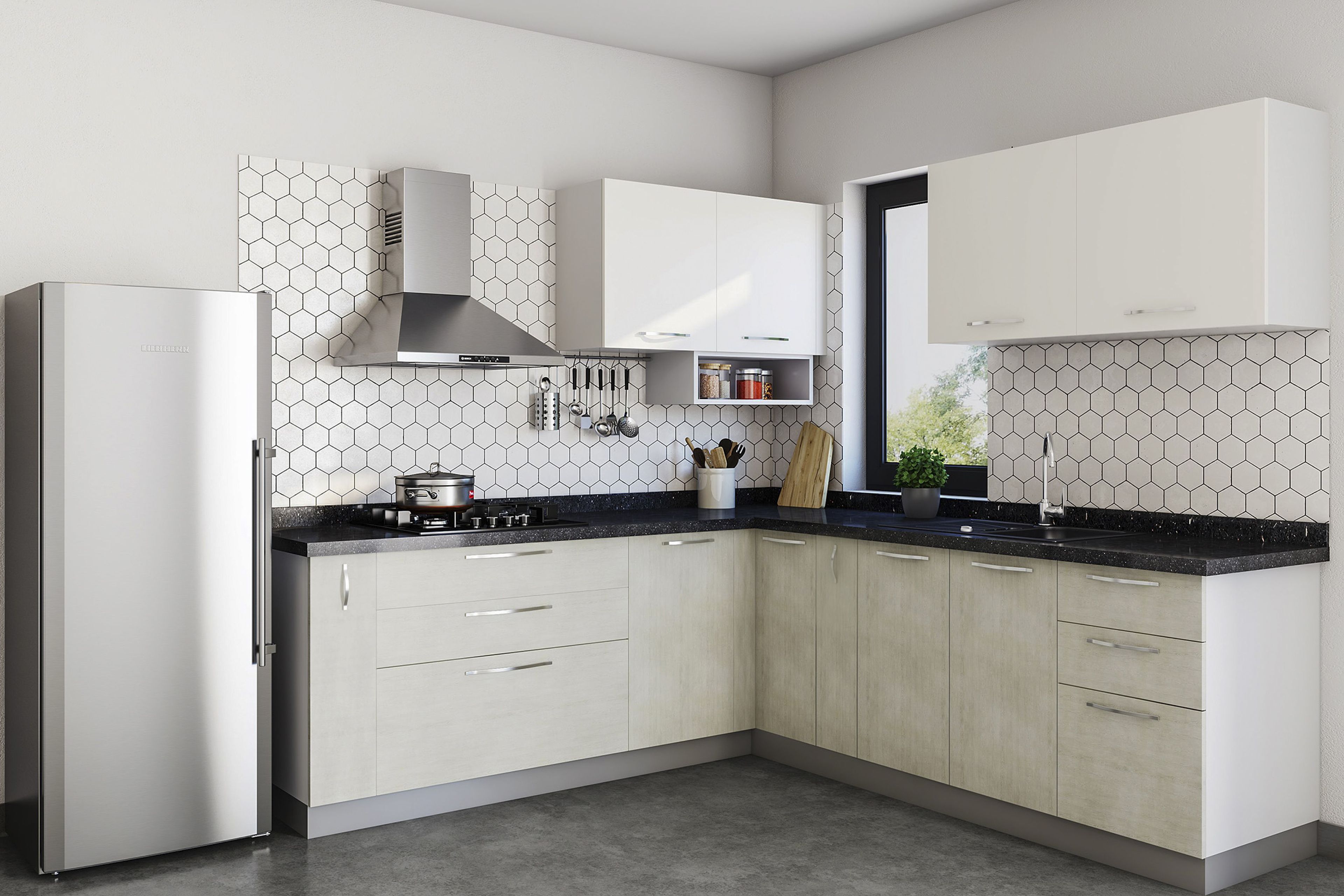 Hexagonal Porcelain Off-White Kitchen Tile Design - Livspace