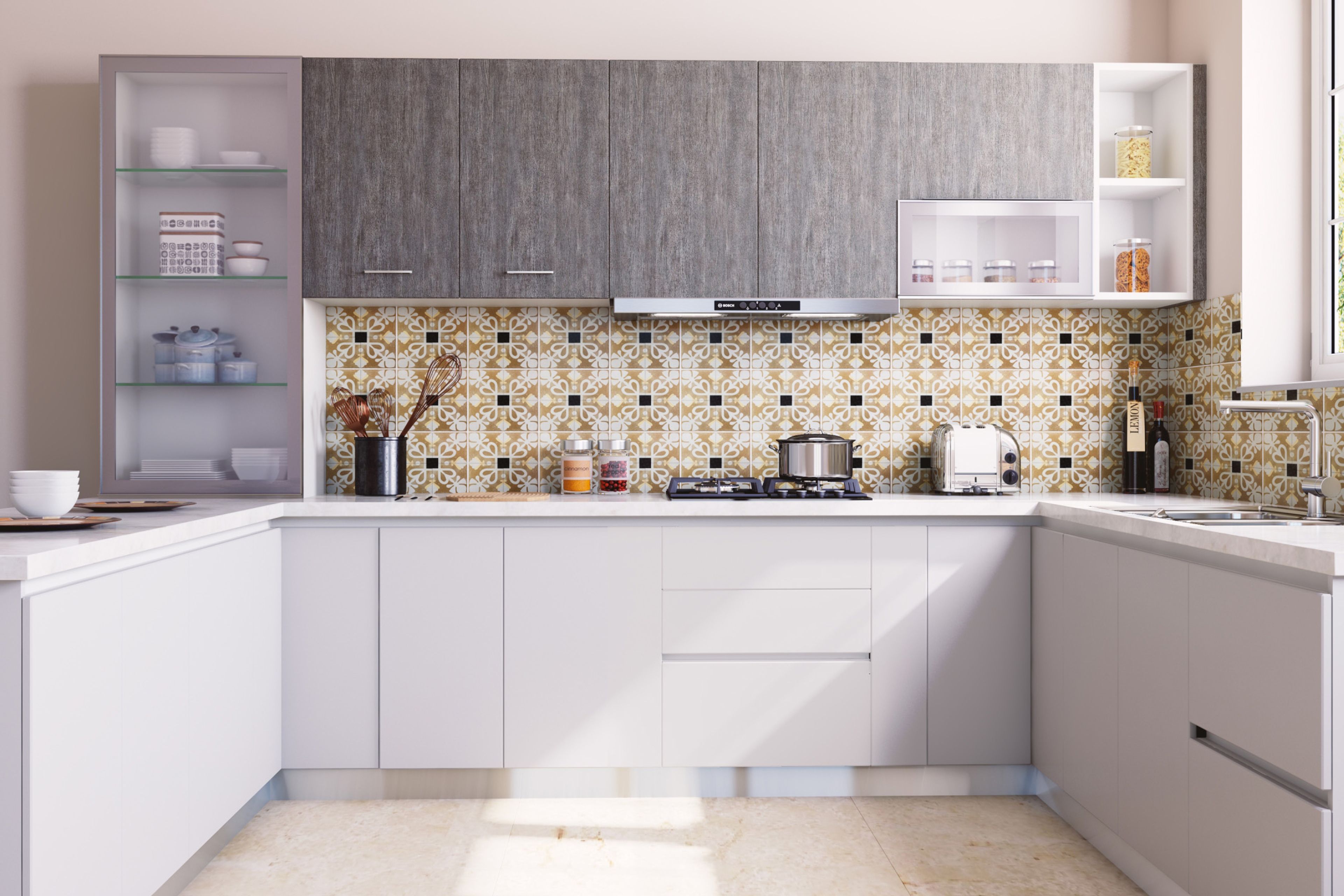 Porcelain Multicoloured Matte Kitchen Tile Design - Livspace