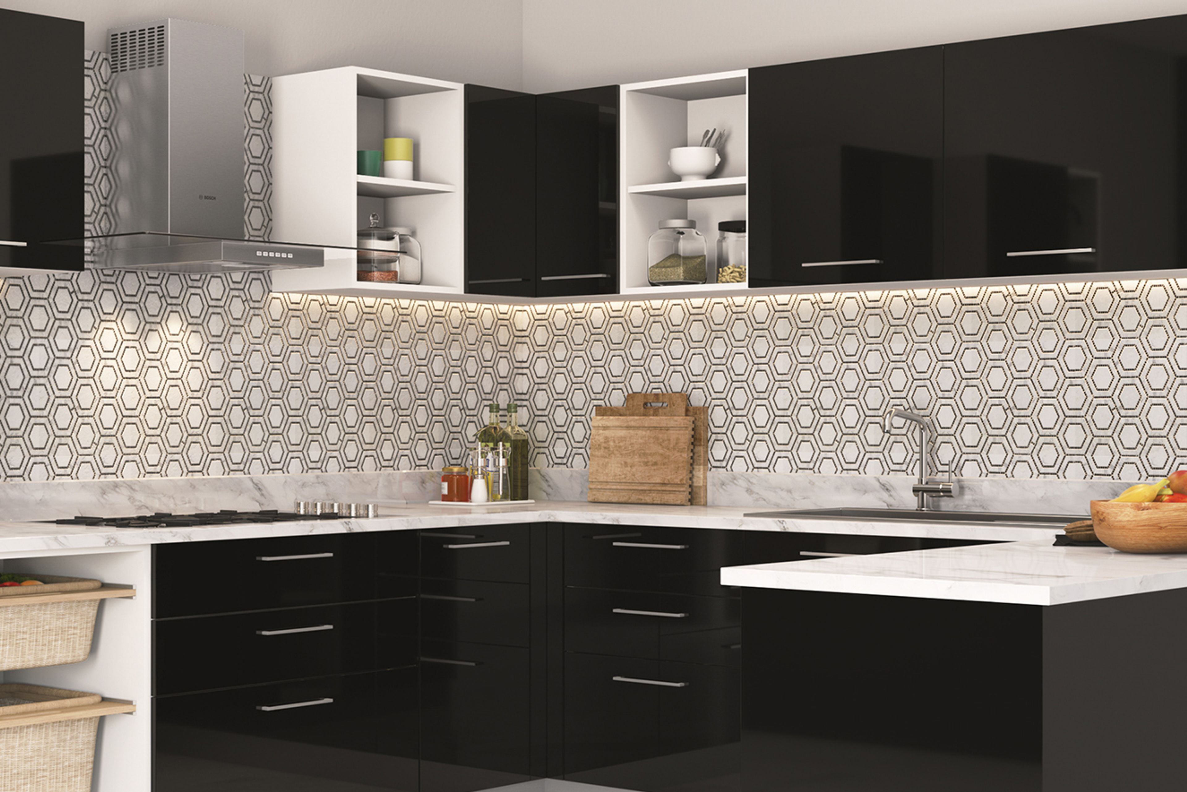 Contemporary Porcelain Black And White Hexagonal Kitchen Tile Design