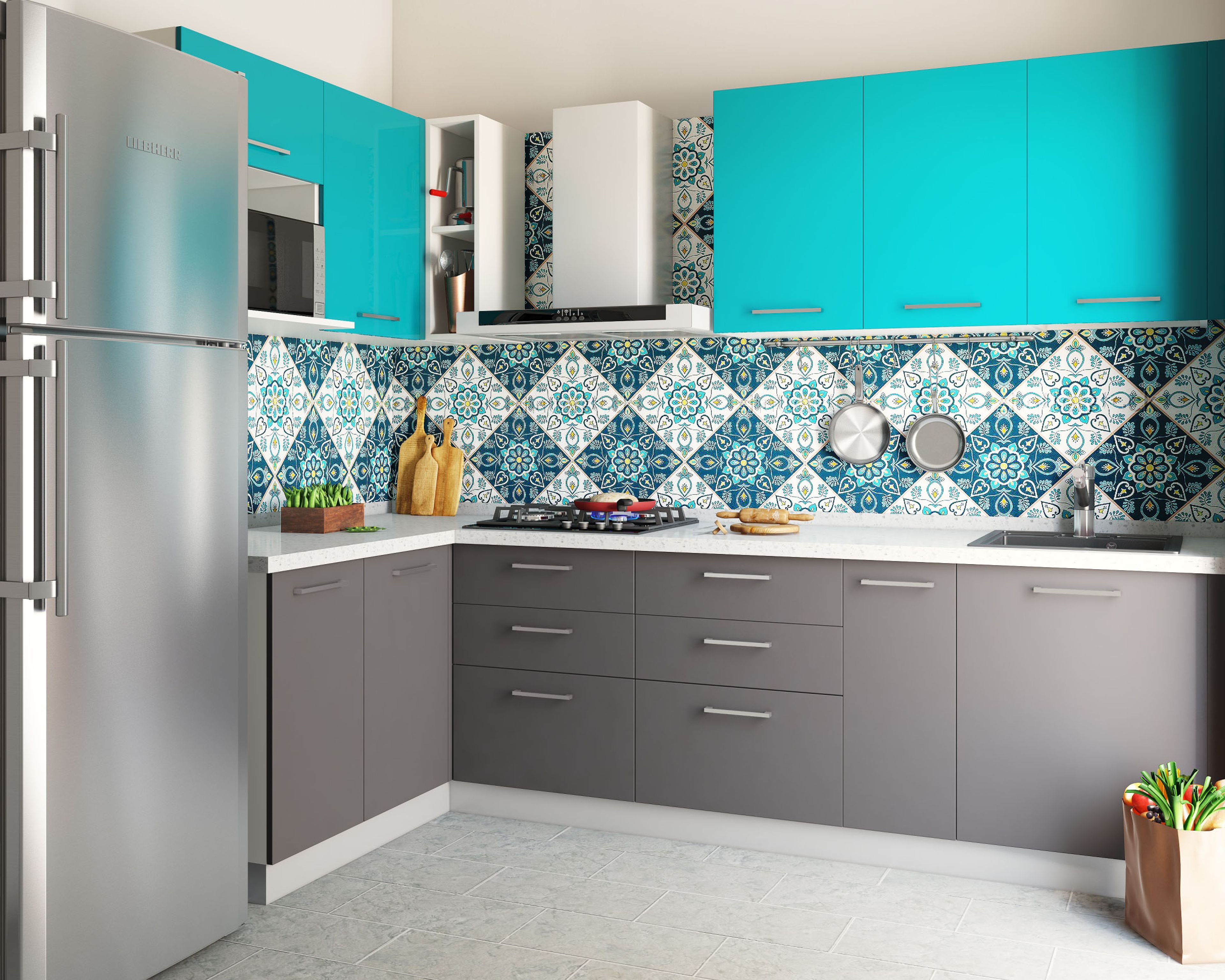 Semi-Glossy Blue And White Ceramic Kitchen Tile Design - Livspace