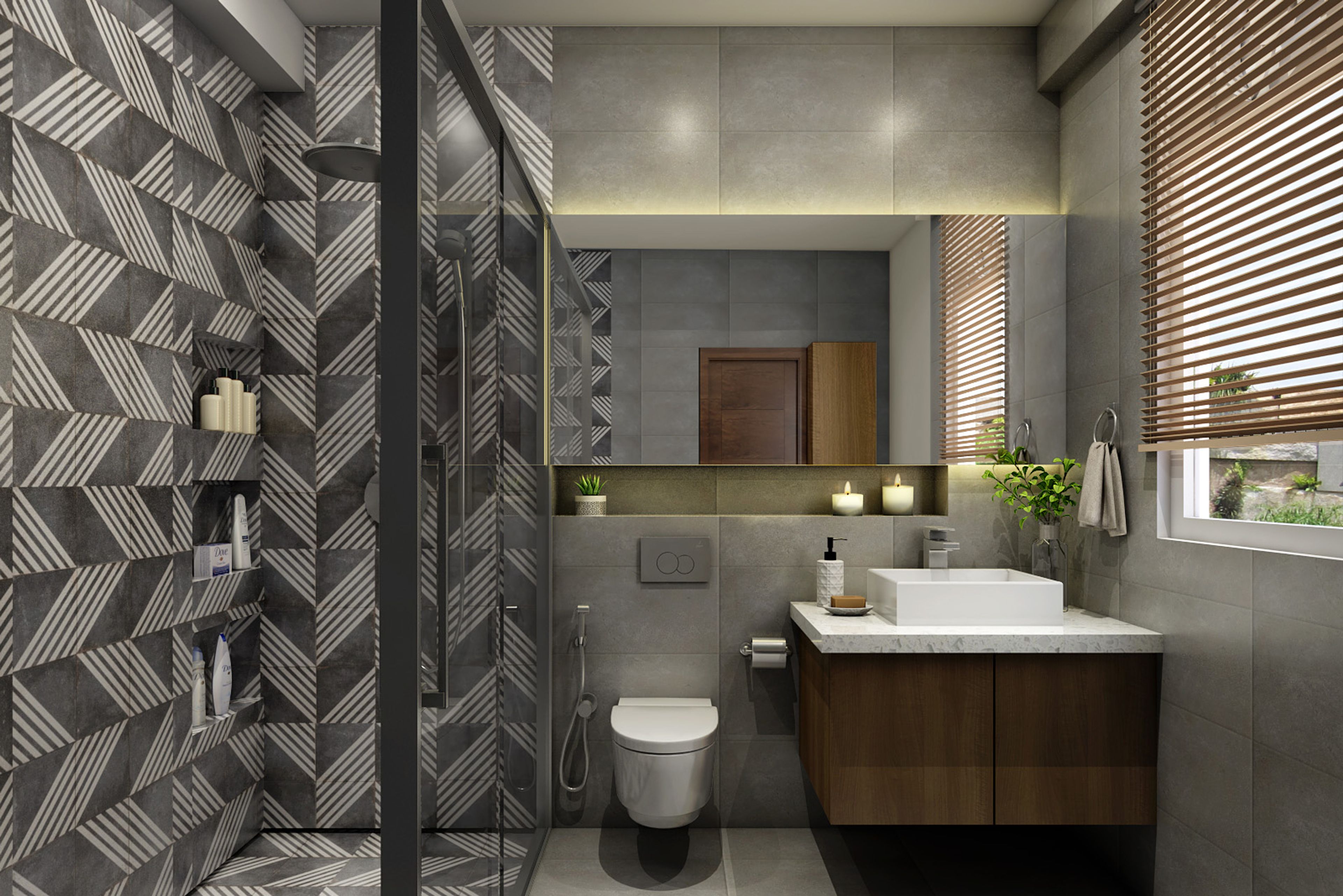 Contemporay Porcelain Grey And White Chevron Bathroom Tile Design