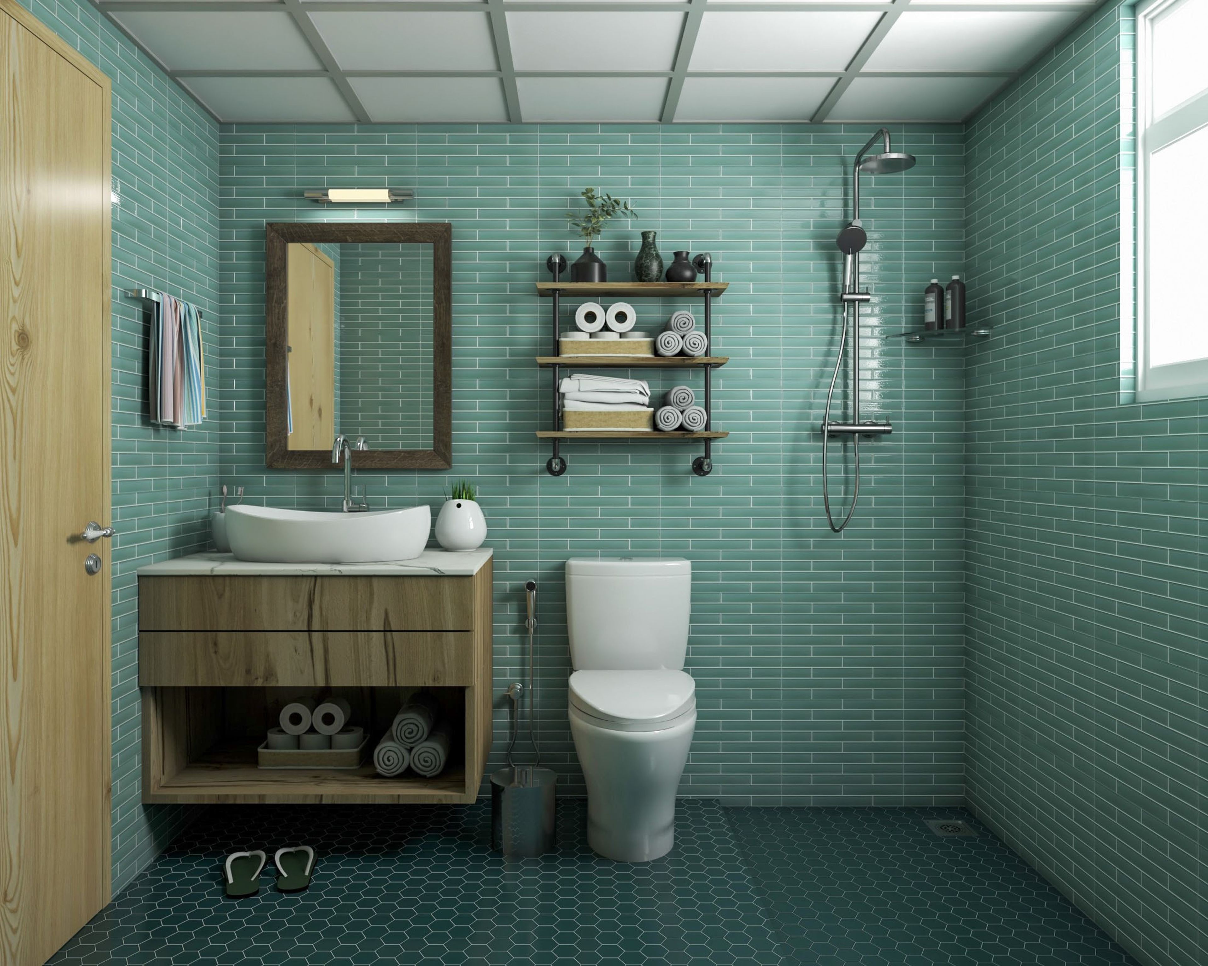 Contemporary Ceramic Offset Aqua Green Bathroom Tile Design