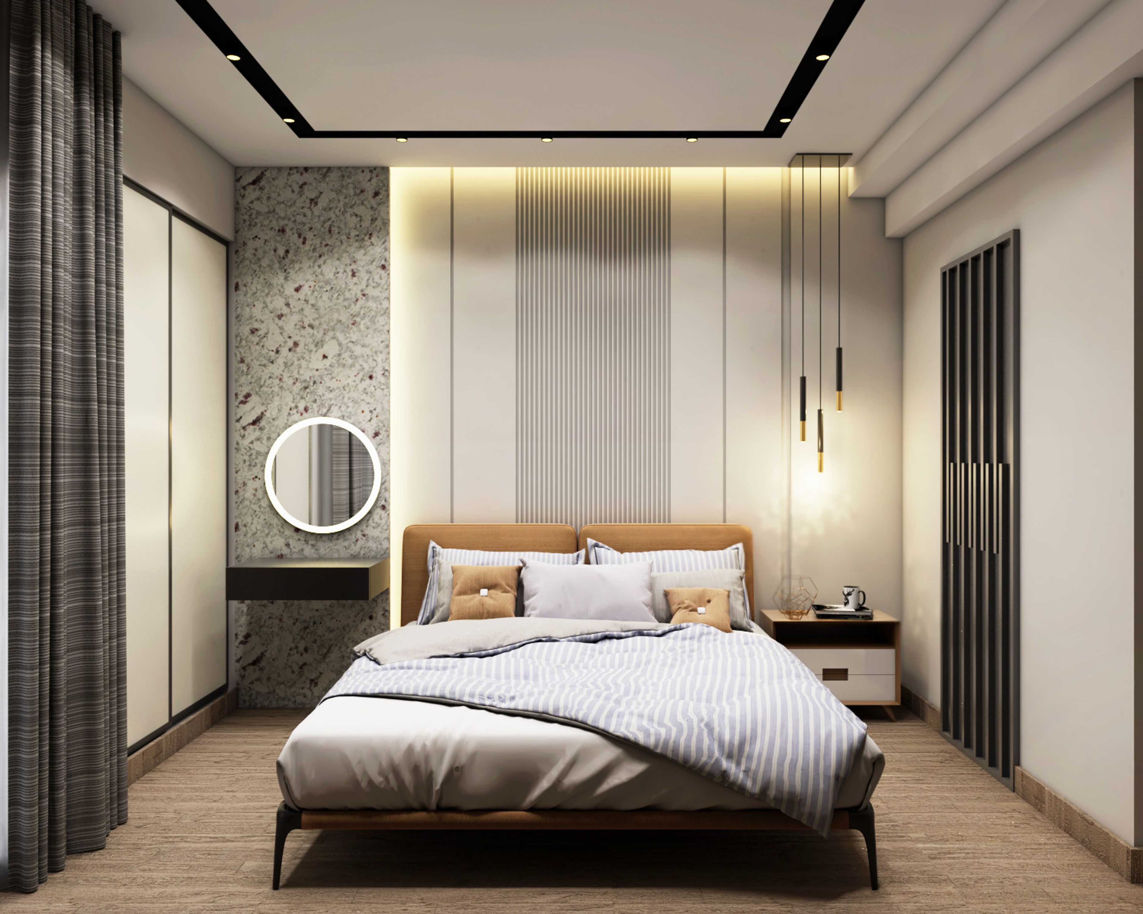 Contemporary Wall Panelling With Grooves And Marble Cladding Wall Design