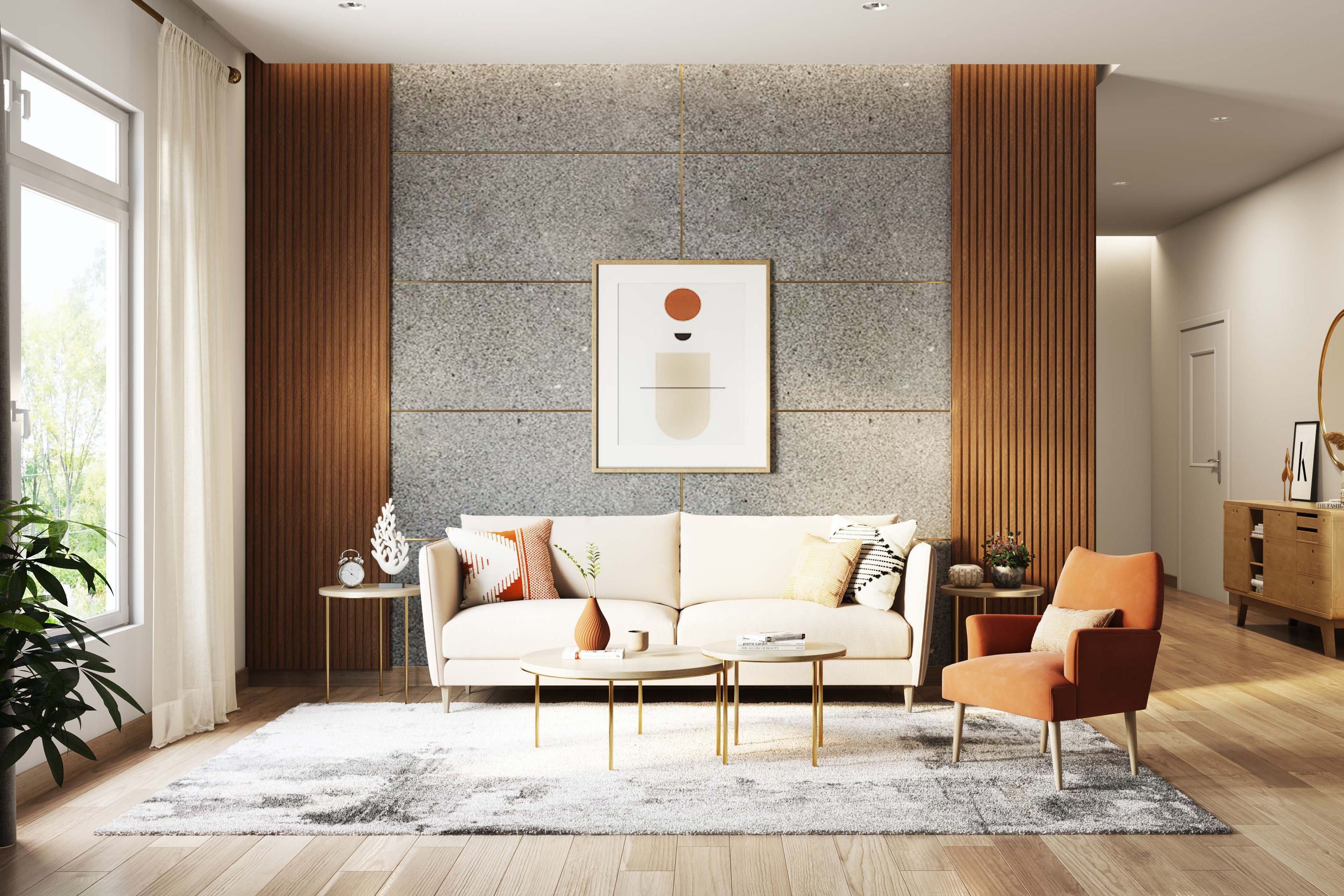 Wall Design With PVC Fluted Panels And Wallpaper In Grey And Brown - Livspace