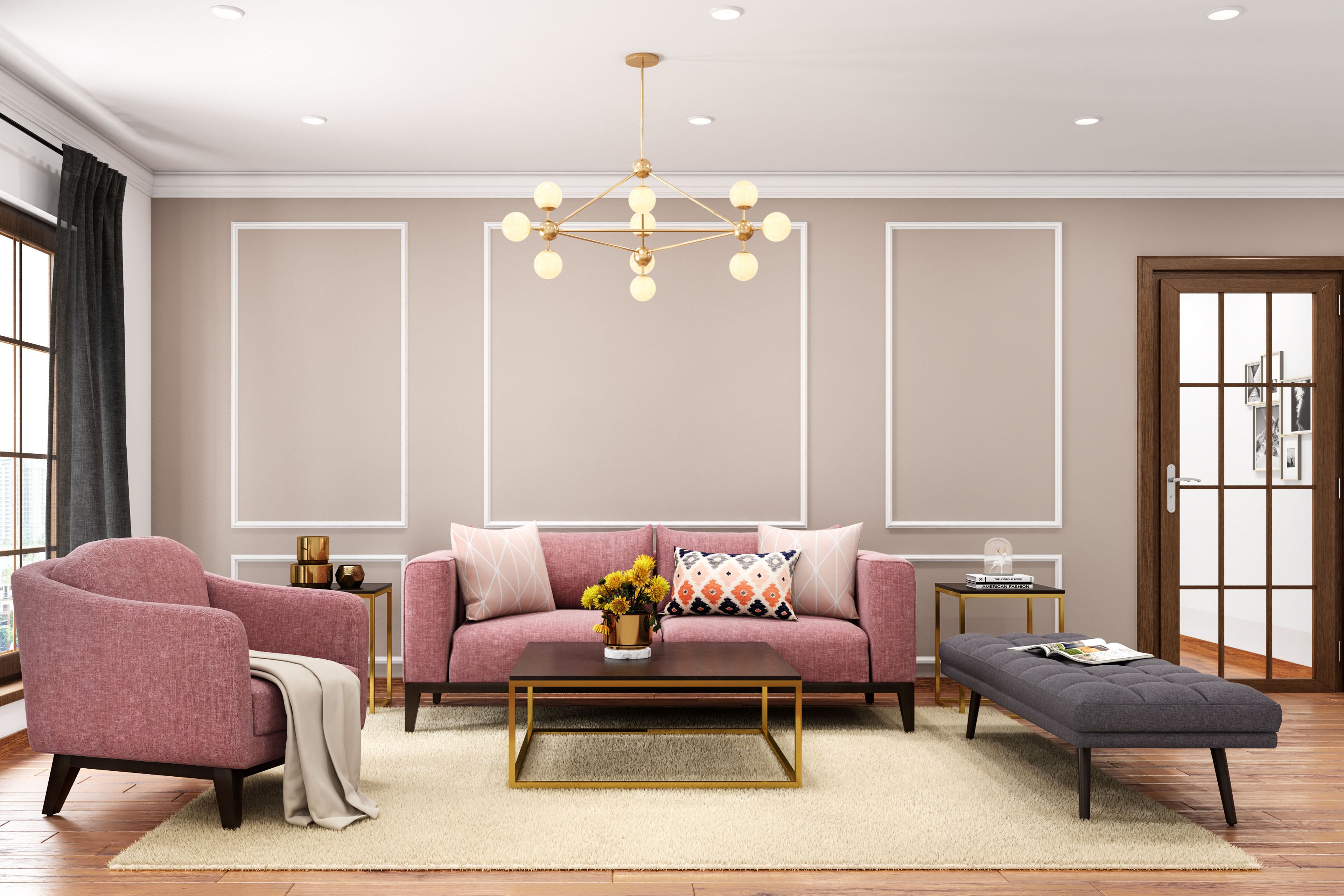 Light Pink And White Wall Design With Wall Trims - Livspace