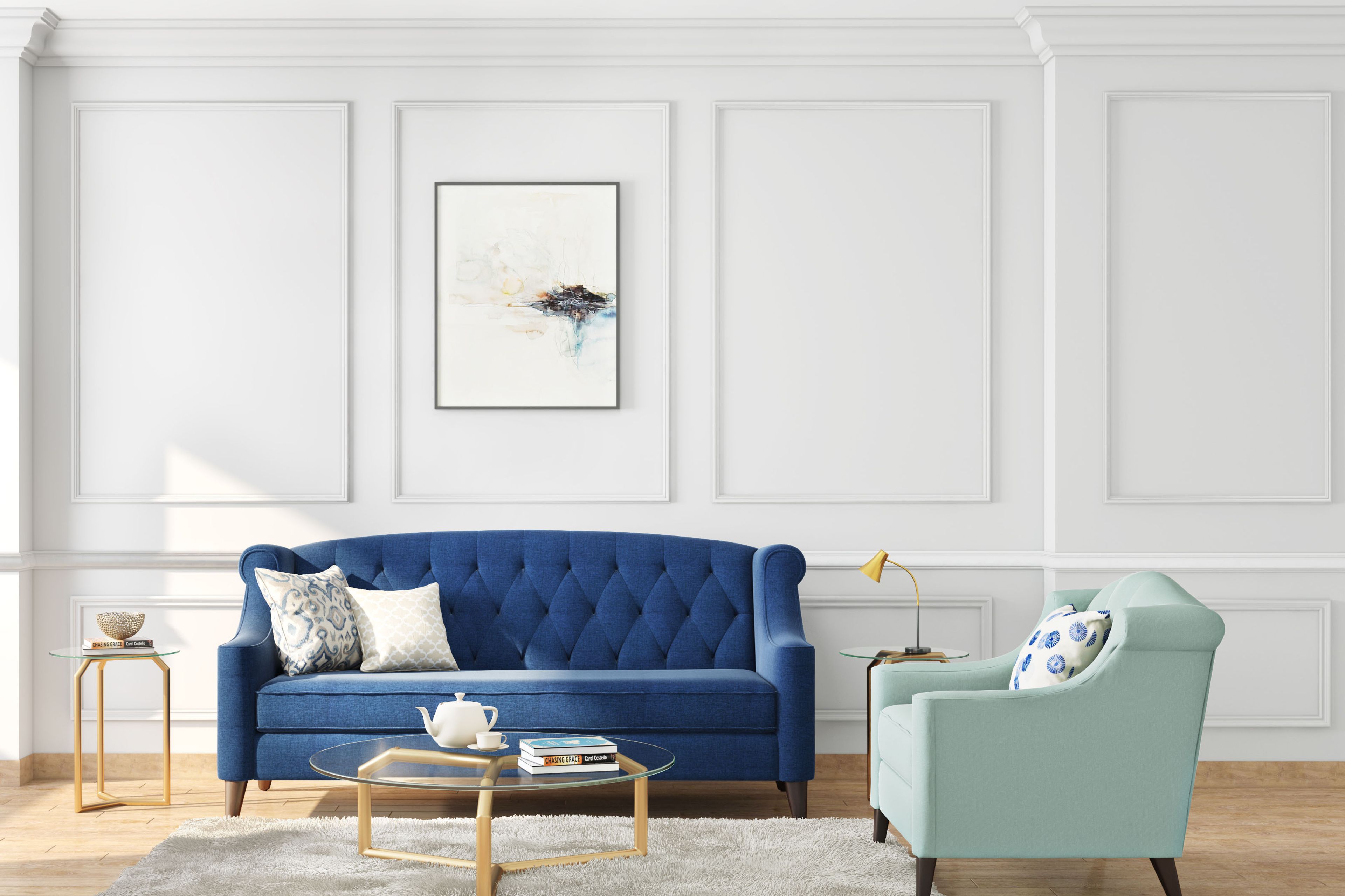 Modern White Wall Design With Wall Trims And A Mural