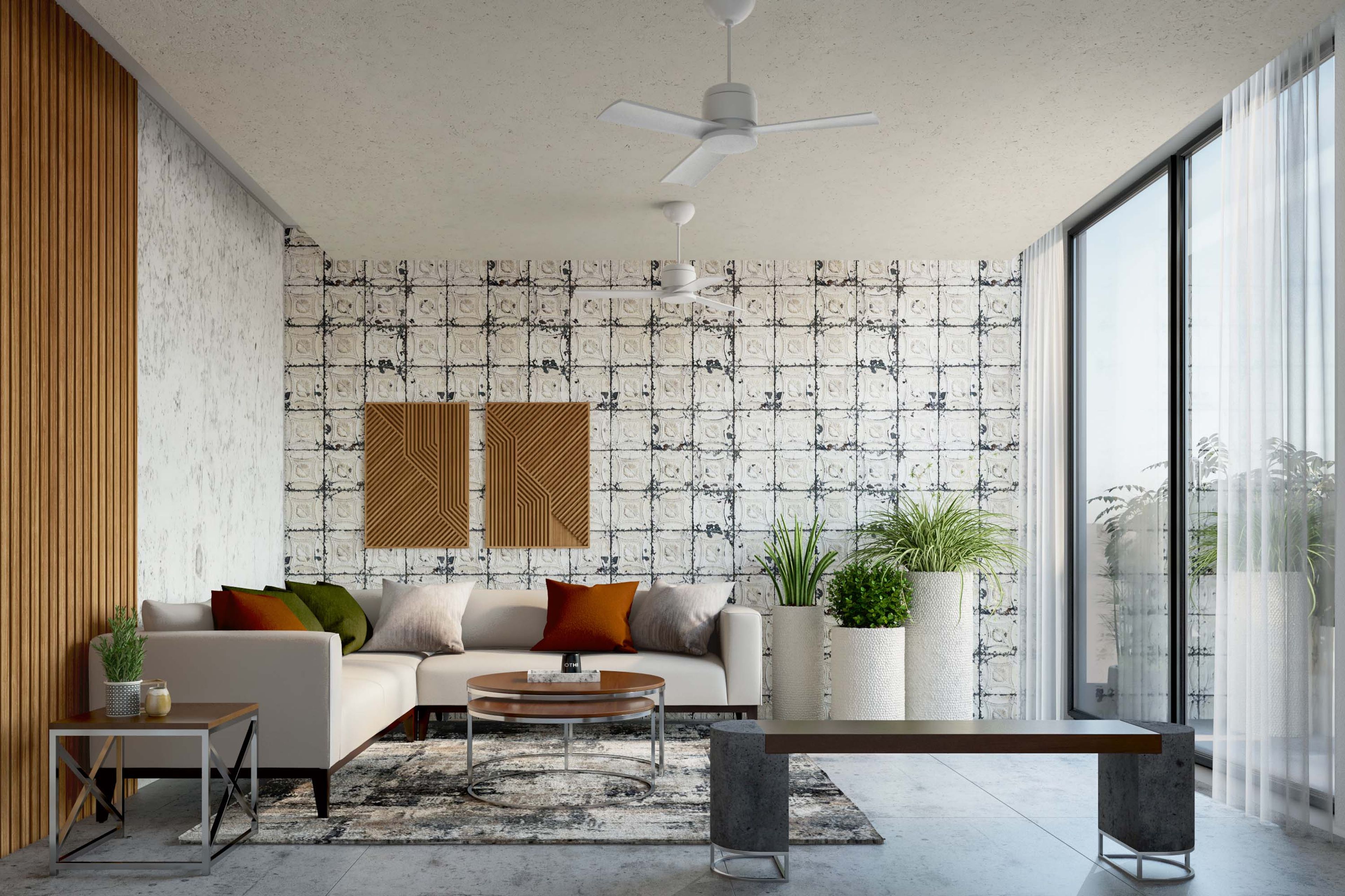 Modern White And Brown Wall Design With Wallpaper And Wooden Panelled Frames