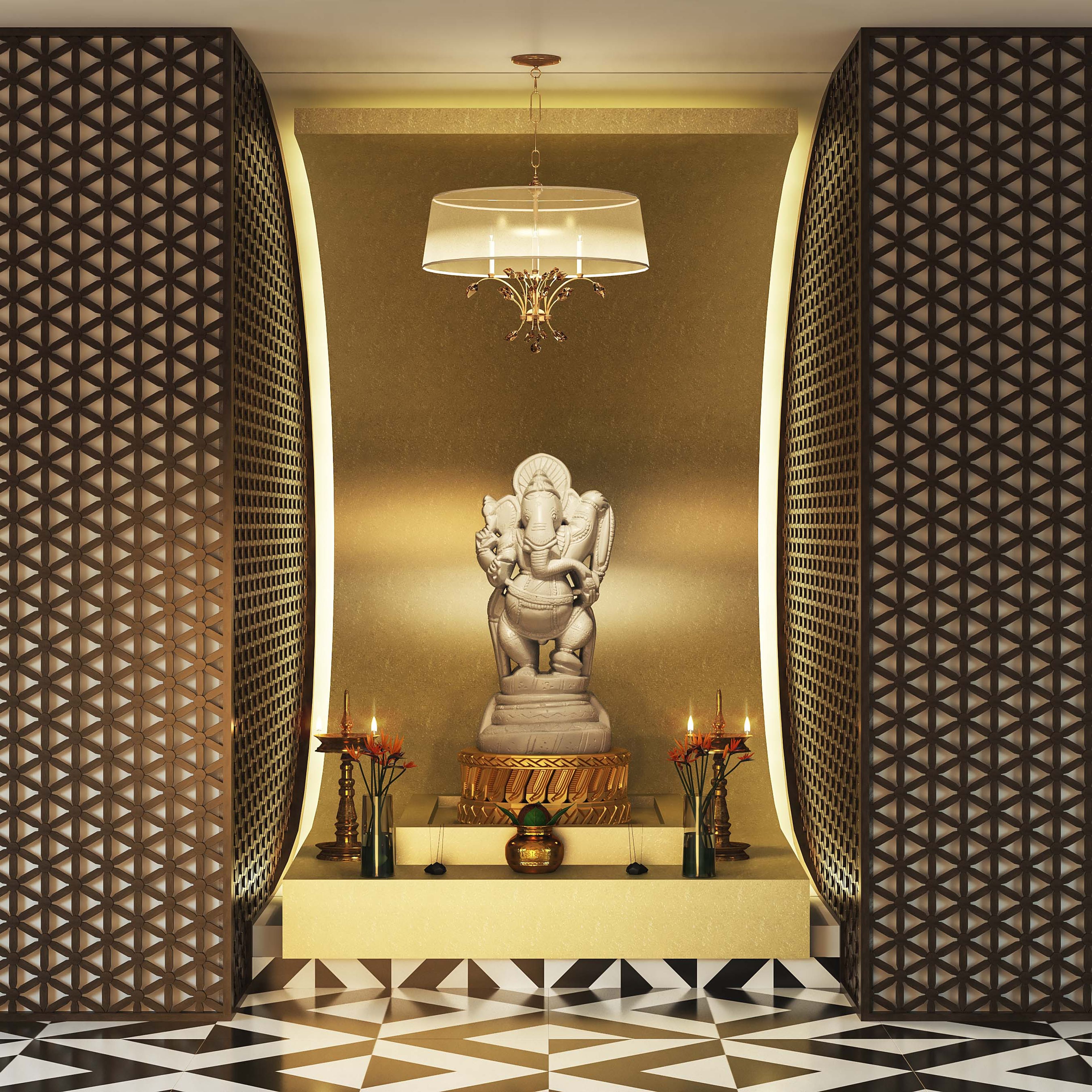 Traditional Copper-Toned CNC Board With Profile Lighting Wall Design