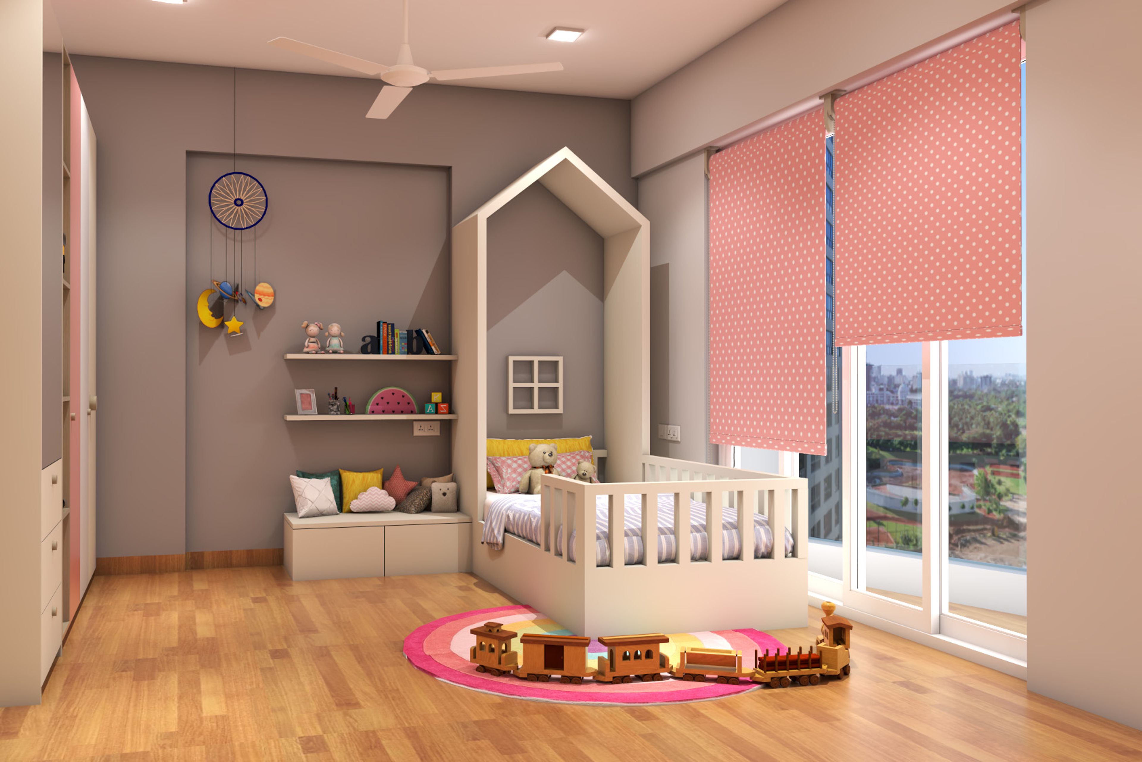 Grey Kids Bedroom Wall Paint Design With White Wall-Mounted Shelves - Livspace